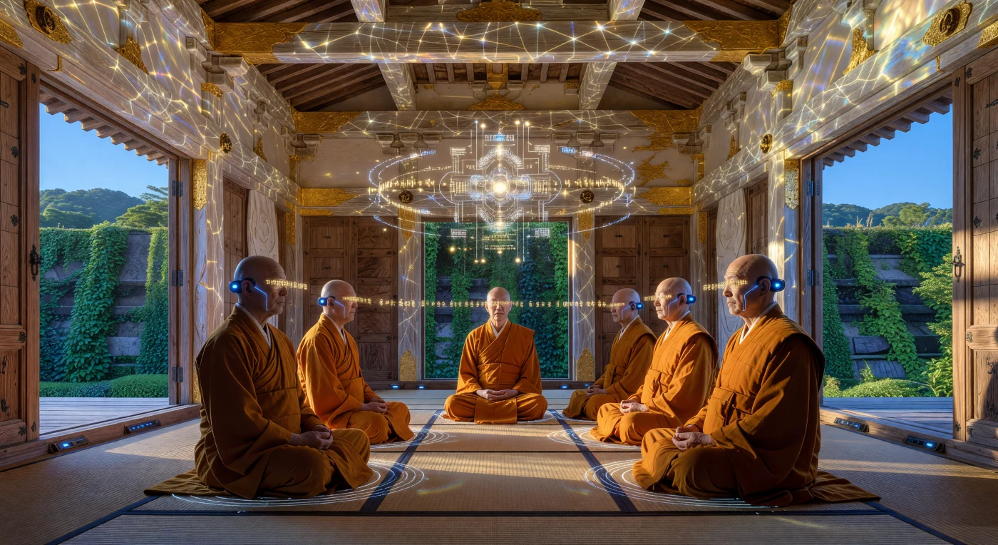 Diese Darstellung des Kyoto-Data-Sangha-Rituals aus der Mitte des 21. Jahrhunderts verdeutlicht die tiefgreifende Integration von biologischem Leben und synthetischer Intelligenz während der Epoche der „Schwelle“. Inmitten eines durch Nanotechnologie konservierten Zen-Tempels synchronisieren Mönche mithilfe von neuronalen Typ-IV-Schnittstellen ihr Bewusstsein zu einem leuchtenden kognitiven Mandala aus Quantendaten. Diese Szene markiert den historischen Übergang Ostasiens zu einer Zivilisation, in der antike spirituelle Praktiken und die technologische Präzision des Fusionszeitalters eine untrennbare Einheit bildeten.