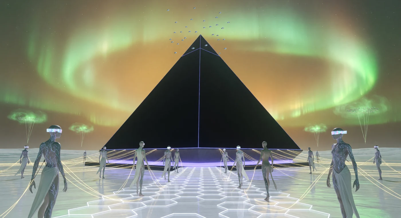 In der Epoche der Kosmischen Reife (ca. 20.000 bis 100.000 n. Chr.) erhebt sich das gewaltige Neural-Observatorium als fünf Kilometer hohe Pyramide aus lichtabsorbierendem Void-Glas über einer terraformierten Polarregion. Unter dem smaragdgoldenen Leuchten einer künstlichen Magnetosphären-Hülle wandeln post-humane „Sylphen“ – drei Meter große, biolumineszente Wesen mit integrierten neuronalen Netzwerken – über eine Plaza aus flüssigkeitsähnlichem Neo-Quarz. Diese Szenerie illustriert den Übergang zum „Ontological Engineering“, bei dem die Trennung zwischen Architektur, Biologie und der physikalischen Struktur des Universums in einer Ära der stellaren Verantwortung endgültig schwindet.