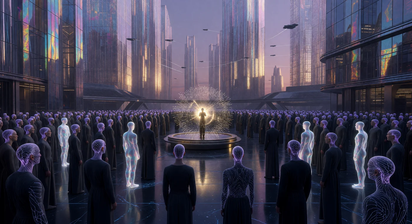 Set during the Great Divergence (c. 2350 CE), this scene illustrates a communal neuro-sculpting performance within a three-kilometer-high terrestrial arcology. Members of the biologically-enhanced *Homo augmentus* and prismatic *Homo digitalis* projections gather on a plaza of room-temperature superconducting glass to receive a direct data-transfer of collective sensory memories. The brilliant golden neuro-optical burst from the central artist represents the era's dominant mode of non-verbal consciousness, facilitated by subcutaneous cortical meshes and powered by the energy harvested from a nascent Dyson Swarm.