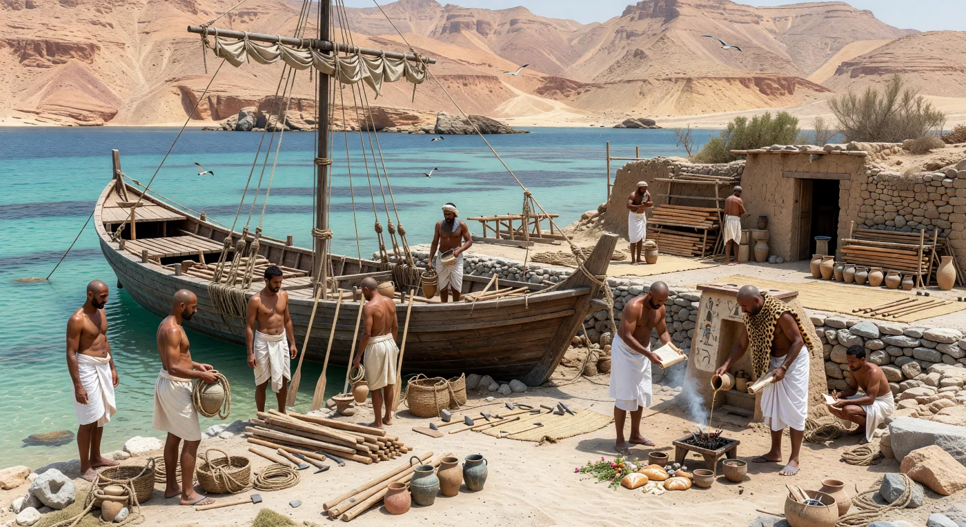 On Egypt’s Red Sea coast during the New Kingdom, sailors and laborers prepare a seagoing expedition vessel, loading water jars, rope, timber, and ship’s gear while a priest pours a libation at a small shore shrine. The ship’s high prow and stern, steering oars, and hogging truss reflect features known from Egyptian watercraft used for long-distance travel and state-organized expeditions. Set against barren desert mountains and the clear coastal waters of the Red Sea, the scene evokes the ritual, logistical, and environmental realities of Egyptian voyages to mining regions and to the fabled land of Punt.