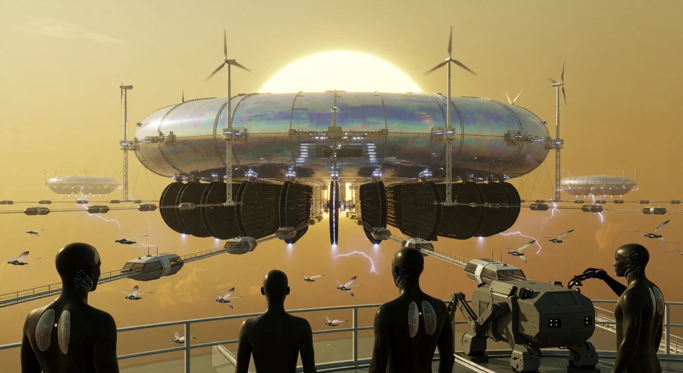 This scene depicts the New Leningrad Aerostat hub, a massive five-kilometer toroidal habitat floating within the habitable cloud layer of Venus during the 22nd-century era known as The Convergence. Suspended 52 kilometers above the scorching surface, the station utilizes the planet's atmospheric super-rotation and intense solar flux to power colossal carbon-fixation bellows that extrude synthetic nanotube bricks for off-world construction. In the foreground, bio-engineered Aeros-Humans equipped with pulmonary-filter symbionts observe the servicing of a Litho-Drone, a specialized robotic chassis designed to withstand the crushing 90-bar pressure of the Venusian lowlands.