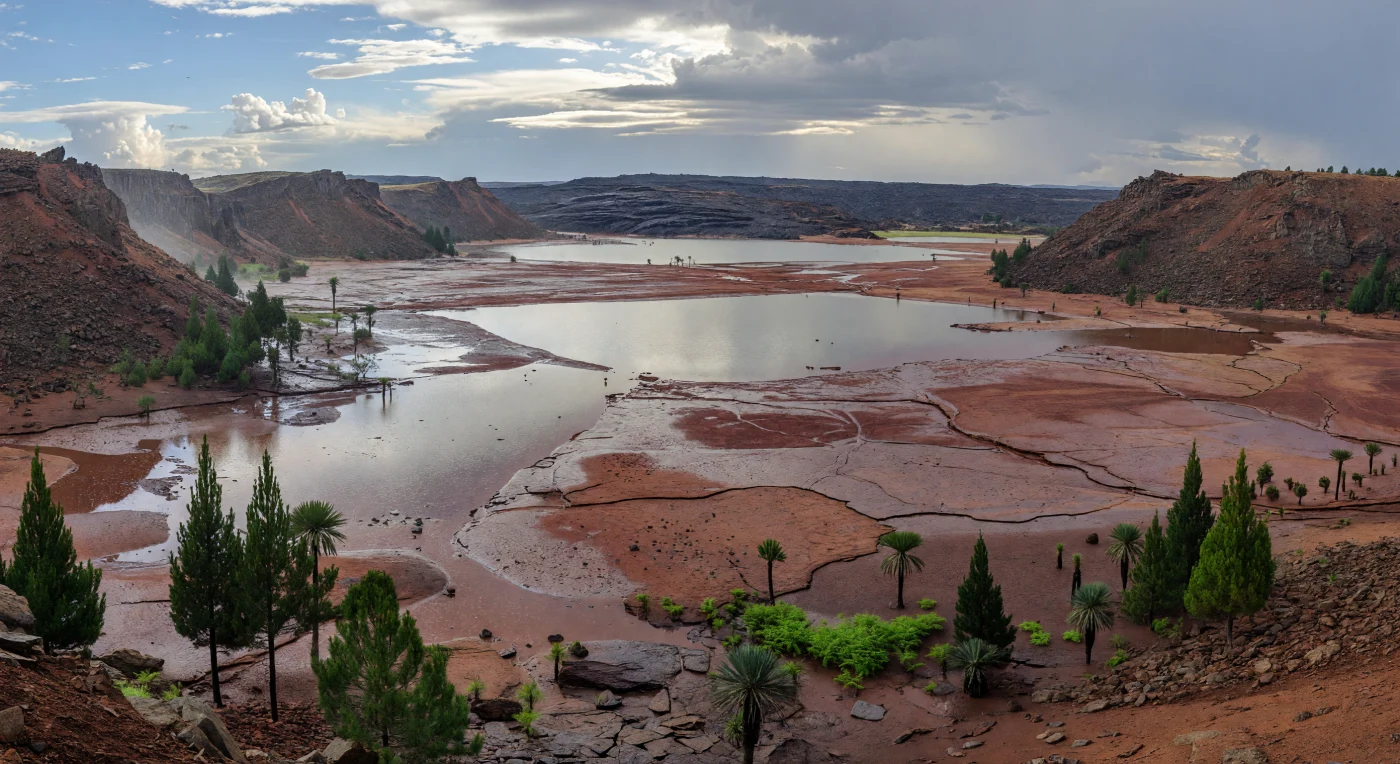 激しい季節雨が去ったばかりの前期ジュラ紀（約2億1千万～1億9千万年前）、東部ローラシアの大西洋リフト縁辺では、断層崖に囲まれた広い谷に赤い砂岩・泥岩の干潟と浅い一時湖が銀色の光を映し出していました。地平線の黒い段丘は中央大西洋マグマ活動（CAMP）に由来する古い玄武岩流で、足元にはシロレピディア科様の針葉樹、アラウカリア型針葉樹、ベネチテス類、ソテツ類、シダ植物がまばらに点在し、雨後の扇状地へ土砂を運んでいます。こうしたニューアーク型リフト盆地は、乾湿をくり返す気候のもとで赤色層や干上がりかけた湖成層を刻み、のちに初期の獣脚類や竜脚形類、槽歯類の足跡や骨を閉じ込める舞台となりました。