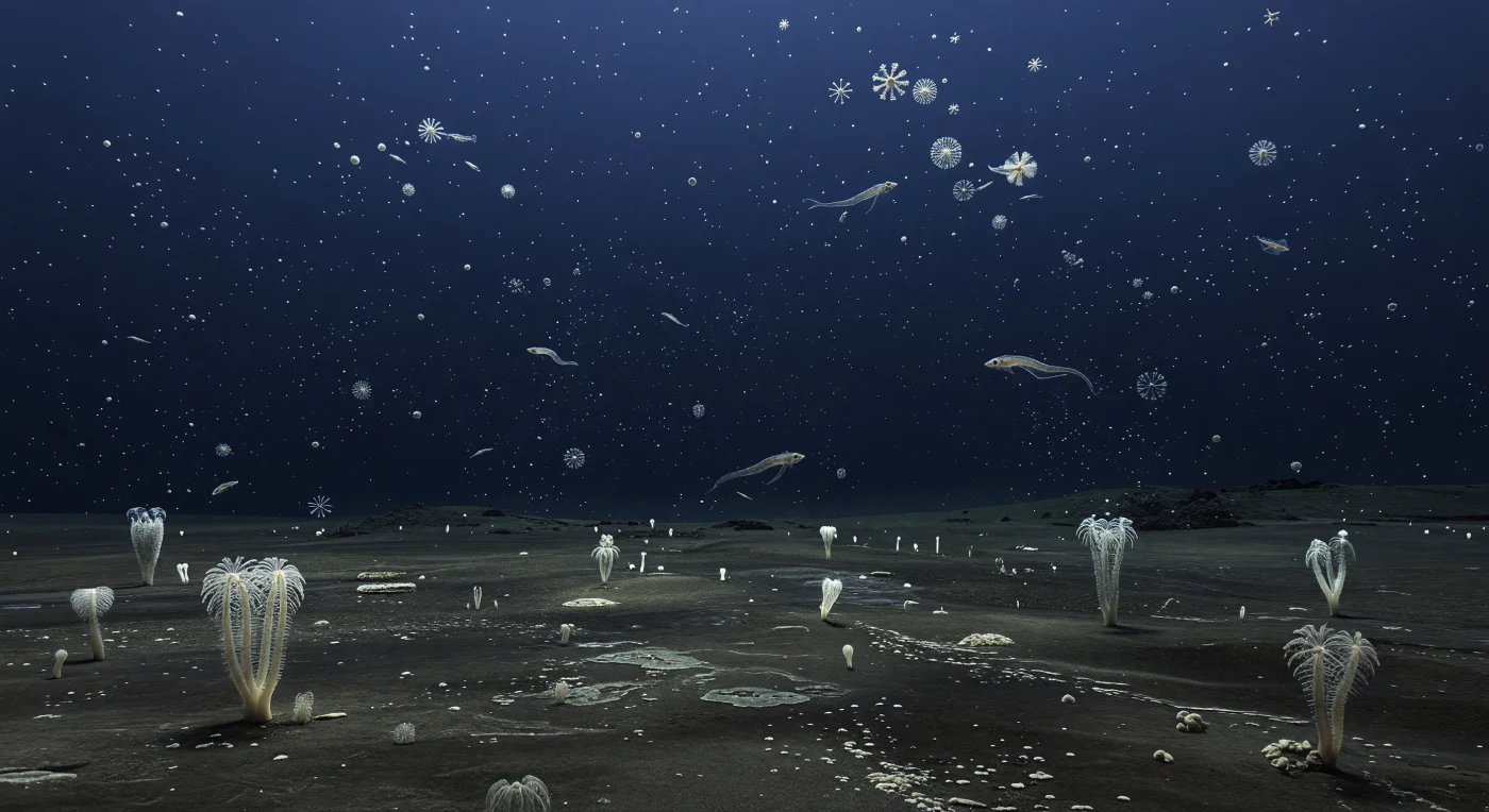 En las profundidades abisales de Panthalassa, hace unos 252 millones de años, una lenta “nieve” de radiolarios —minúsculos organismos planctónicos de esqueleto silíceo— desciende por aguas frías, oscuras y pobres en oxígeno hacia un fondo de lodo silíceo casi desierto. Entre ellos flotan delicados conodontos como Clarkina y Hindeodus, pequeños vertebrados primitivos de cuerpo anguiliforme, mientras esponjas hexactinélidas dispersas se alzan sobre la llanura abisal. Esta escena captura el océano abierto durante la gran extinción del final del Pérmico, cuando el colapso ambiental transformó incluso los ecosistemas más remotos del planeta.