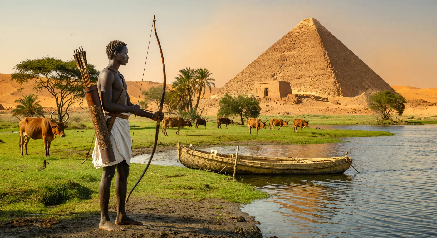 एक दुबला-पतला कुशाइट धनुर्धर नूबिया में नील नदी के उपजाऊ तट पर खड़ा है, जिसके पास एक लंबा धनुष और नक्काशीदार चमड़े का तरकश है। पृष्ठभूमि में, सांगा मवेशी और एक पारंपरिक पपीरस नाव के साथ एक विशिष्ट खड़ी ढलान वाला मेरोइटिक पिरामिड दिखाई देता है, जो कुश साम्राज्य की अद्वितीय वास्तुकला को दर्शाता है। तीसरी शताब्दी ईस्वी का यह चित्रण उस सैन्य कौशल और समृद्ध कृषि जीवन के सामंजस्य को जीवंत करता है जो सहारा के कठोर रेगिस्तान के बीच इस संकीर्ण नखलिस्तान में विकसित हुआ था।