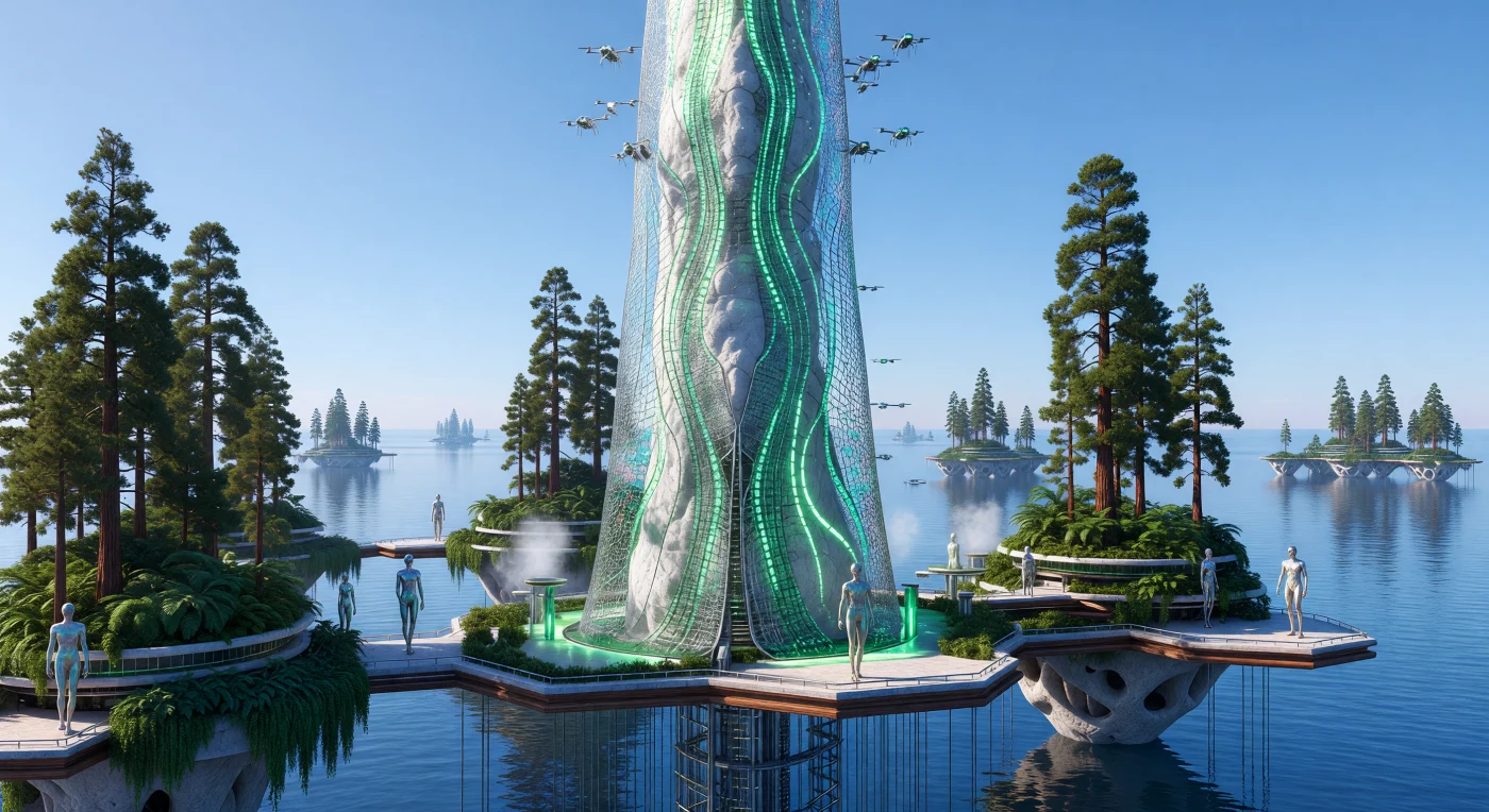 यह दृश्य 'द ग्रेट डायवर्जेंस' (2200–2500 ईस्वी) के दौरान नियो-टोक्यो के भव्य 'क्रोनोस पिलर' को दर्शाता है, जो बायोक्रेट और ड्रैगनफ्लाई-विंग जैसी ग्राफीन जाली से निर्मित एक किलोमीटर ऊँचा कार्बन-कैप्चर स्तंभ है। इस युग में जैव-एकीकृत मानव (Bio-Integrated Terrestrials) और आनुवंशिक रूप से संवर्धित सिकोइया (Sequoia) के ऊर्ध्वाधर वन एक साथ विकसित हुए, जो पारिस्थितिक तंत्र और शहरी वास्तुकला के पूर्ण सामंजस्य का प्रतीक हैं। महाद्वीपीय तट से जुड़े ये तैरते हुए हेक्सागोनल प्लेटफॉर्म भविष्य के उस कालखंड की याद दिलाते हैं जब मानवता ने पृथ्वी की जलवायु को पुनः संतुलित करने के लिए उन्नत आणविक इंजीनियरिंग और 'स्वार्म मेसनरी' जैसी तकनीकों का सहारा लिया था।