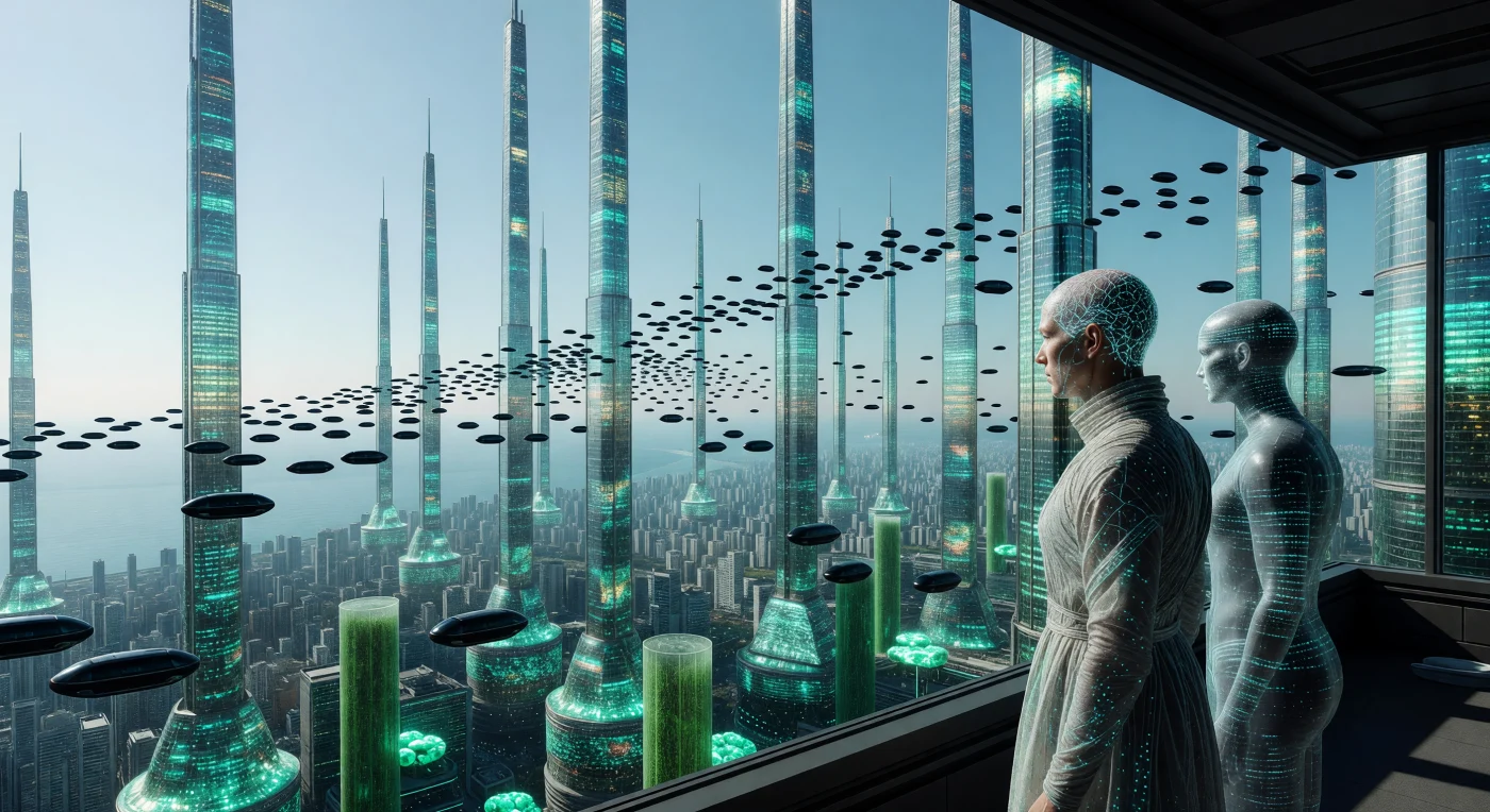 यह दृश्य 'ऑगमेंटेड डॉन' (2050-2100 ईस्वी) के दौरान नियो-टोक्यो-सियोल मेगासिटी की 2,000 मीटर ऊँची मीनारों को दर्शाता है, जो संरचनात्मक माइसेलियम और स्व-उपचारित बायो-कंक्रीट जैसी उन्नत सामग्रियों से निर्मित हैं। यहाँ हीलियम-3 फ्यूजन ऊर्जा से संचालित 'लिविंग ग्लास' की इमारतें डेटा-स्ट्रीम से झिलमिलाती हैं, जबकि 'न्यूरल सिम्बायोंट' (उन्नत मानव) और डिजिटल 'एक्सो-कोर्टिकल एंटिटी' एक पुनर्जीवित 350ppm CO2 वातावरण में सह-अस्तित्व रखते हैं। इलेक्ट्रिक टील रोशनी और सिंक्रनाइज़ मैगलेव प्रवाह के बीच, यह कालखंड जैविक विकास और मशीन इंटेलिजेंस के पूर्ण एकीकरण के एक नए भूवैज्ञानिक युग का प्रतीक है।