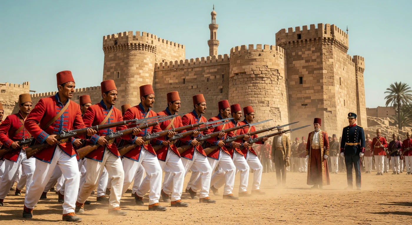 Soldiers of the Nizam-ı Cedid, or "New Order," perform disciplined bayonet drills on the dusty parade grounds beneath the formidable limestone ramparts of the Cairo Citadel. This scene captures the pivotal moment in the early 19th century when the Ottoman Empire sought to modernize its military by adopting European-style uniforms, tactics, and flintlock weaponry to counter internal decline and external threats. The presence of a European military advisor alongside an Ottoman officer illustrates the era's intense cross-cultural exchange and the ambitious, often controversial, push to transform a medieval imperial force into a professional modern army.