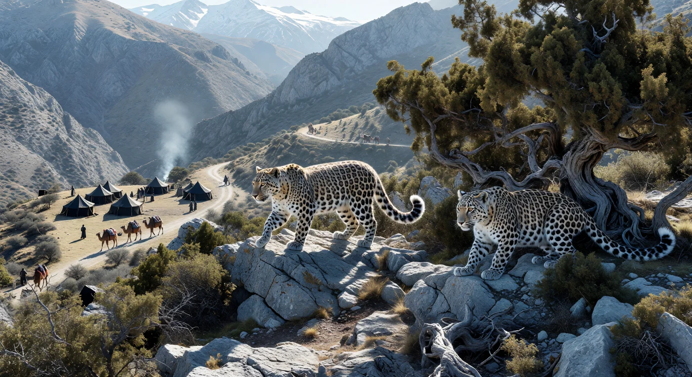 يتجول نمران من فصيلة النمر الأناضولي بفرائهما الكثيف ونقوشهما الداكنة فوق المرتفعات الكلسية الوعرة لجبال طوروس، وسط أشجار العرعر العتيقة التي ميزت الطبيعة الأناضولية في أواخر القرن السابع عشر. وفي الأودية السحيقة بالأسفل، يظهر أثر الوجود البشري من خلال أدخنة خيام بدو "اليوروك" وقوافل الإبل المحملة بالحرير، مما يعكس حيوية التخوم البرية للإمبراطورية العثمانية وازدهار طرقها التجارية. يجسد هذا المشهد التناغم الفريد بين التنوع البيولوجي المهيب والتقاليد البدوية العريقة التي شكلت ملامح الحياة في قلب الأناضول خلال العصر الحديث المبكر.