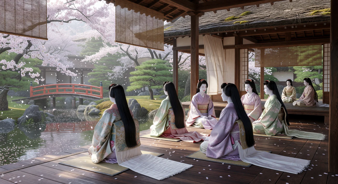 In questa veduta del periodo Heian, nobili dame di corte osservano la caduta dei petali di ciliegio dalla veranda in legno di un palazzo in stile *shinden-zukuri*. Le donne indossano il sontuoso *junihitoe*, un abito cerimoniale a dodici strati di seta, con i volti truccati di bianco e i denti laccati di nero secondo i rigorosi canoni estetici dell'XI secolo. L'immagine cattura l'essenza del *mono no aware*, la sensibilità verso la bellezza effimera della natura che definiva la vita raffinata e malinconica della corte imperiale di Kyoto.