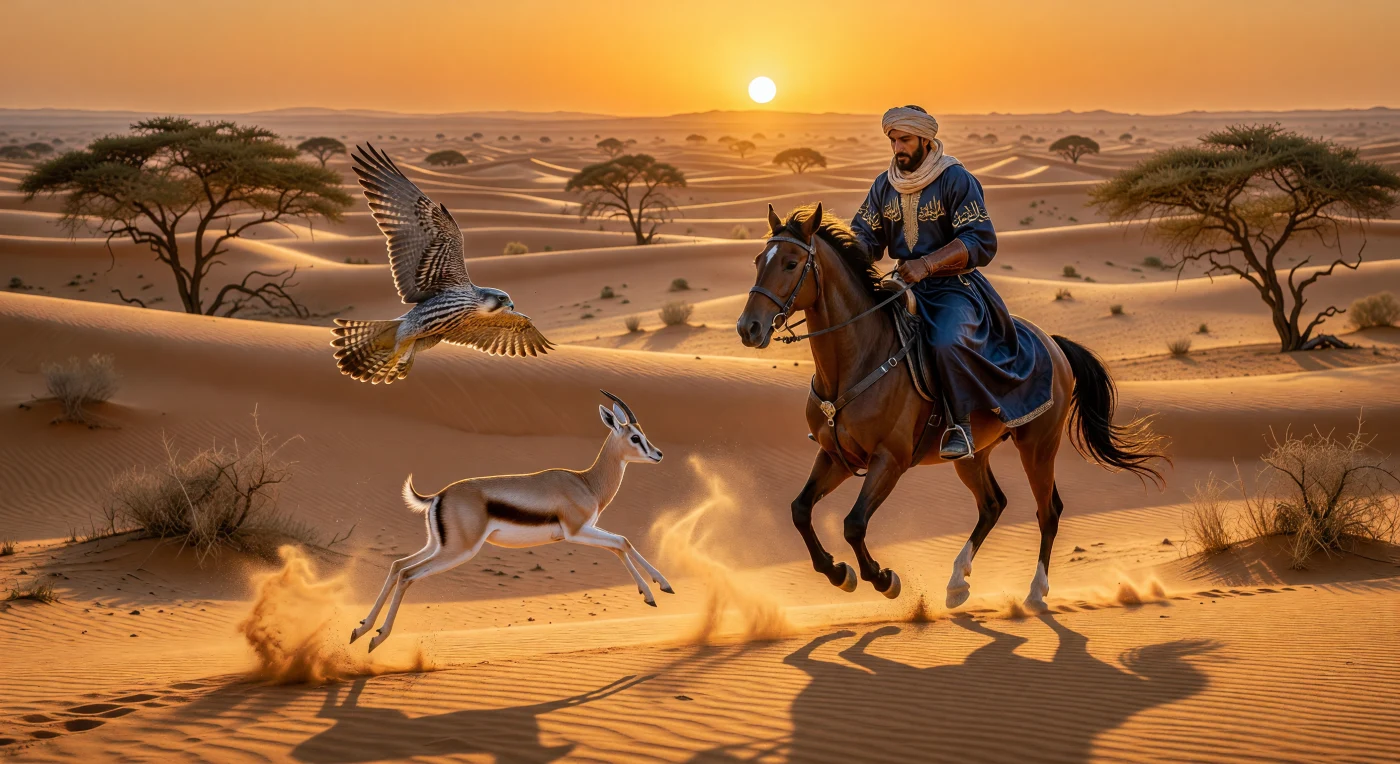 Un falco sacro si lancia in una picchiata mozzafiato verso una gazzella tra le dune dorate del deserto arabico, sotto lo sguardo attento di un nobile cavaliere del XII secolo. Questa scena illustra la falconeria non solo come tecnica di caccia, ma come un'arte cerimoniale d'élite nel mondo islamico medievale, evidenziata dal prezioso kaftan in seta con iscrizioni *tiraz* e dai raffinati finimenti del cavallo arabo. L'immagine cattura la perfetta simbiosi tra predatore e preda, riflettendo il prestigio sociale e la maestria tecnica che caratterizzavano la vita aristocratica durante il Medioevo centrale.