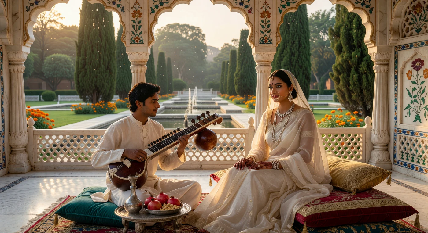 Una noble mogol, ataviada con un delicado sari de muselina de Dhaka y joyas de diamantes de Golconda, descansa en un pabellón de mármol blanco mientras escucha las melódicas notas de una Rudra Veena. La estructura exhibe la exquisita técnica de *pietra dura*, con incrustaciones de lapislázuli y cornalina que reflejan el esplendor arquitectónico del siglo XVII, mientras un jardín *Charbagh* se vislumbra a través de las celosías de piedra. Esta escena captura la sofisticada vida cortesana y el refinamiento artístico que caracterizaron la edad de oro del Imperio Mogol en el sur de Asia.