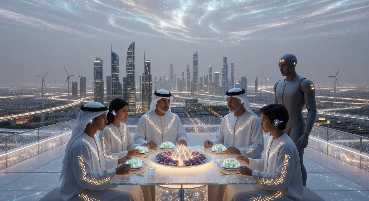 A multi-generational family shares a meal on a high-altitude terrace in 2042 Riyadh, illuminated by a diffuse LED sky-canopy that enables a nocturnal society adapted to the extreme temperatures of the Threshold era (2025–2050). The scene illustrates the integration of advanced biotechnology and traditional customs, featuring individuals with Neural-Link interfaces dining on precision-fermented cultured lamb and aeroponic greens. In the background, the "Sovereign Intelligence" districts rise through a pearlescent haze created by stratospheric aerosol injection, highlighting a world powered by fusion and solar energy.
