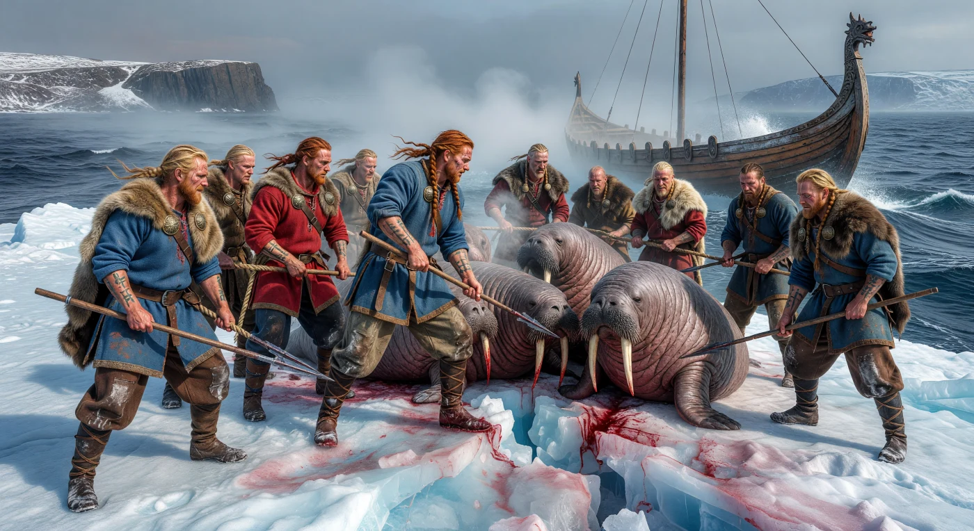 Scandinavische jagers uit de tiende eeuw trotseren de verraderlijke ijsschotsen van de Noord-Atlantische Oceaan tijdens een hachelijke jacht op walrussen. Gewapend met ijzeren harpoenen proberen zij het kostbare ivoor van de slagtanden te bemachtigen, een gewild luxeproduct dat essentieel was voor de bloeiende handelsnetwerken tussen Europa en het Oosten. Op de achtergrond dobbert hun karakteristieke Vikingschip in de ijskoude mist, wat de enorme afstanden en de maritieme vindingrijkheid van deze vroege ontdekkingsreizigers illustreert.