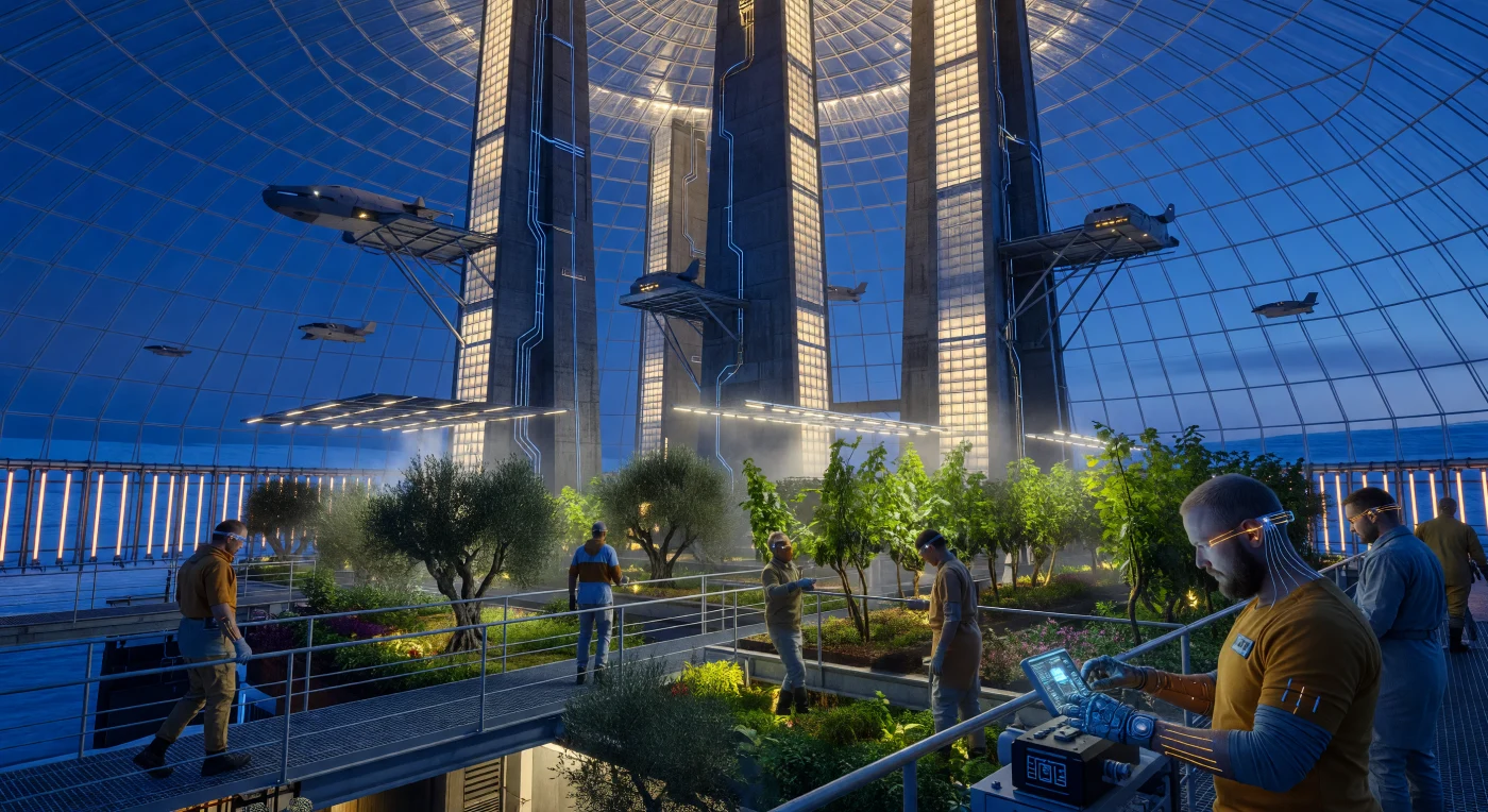 यह दृश्य 'ऑगमेंटेड डॉन' युग (2050–2100) के दौरान यूरेशियन फेडरेशन के नोरिल्स्क जिले को दर्शाता है, जहाँ एक विशाल ग्राफीन गुंबद के भीतर जमी हुई साइबेरियाई टुंड्रा के बीच भूमध्यसागरीय सूक्ष्म जलवायु और विशाल कंक्रीट के एकाश्म (monoliths) खड़े हैं। यहाँ बोरॉन-प्रोटॉन (p-B11) फ्यूजन ग्रिड से ऊर्जा प्राप्त करने वाले इन ऊँचे टावरों पर 'VTOL-Urals' विमान डॉक करते हैं, जबकि नीचे जैतून और अंगूर के बागान कृत्रिम सौर-प्रकाश में फलते-फूलते हैं। इस समाज में 'कोल्टसोव-इंटरफेस' से लैस उन्नत 'वैनगार्ड' मानव और पारंपरिक 'सॉलिडारिस्ट' एक साथ रहते हैं, जो जीव विज्ञान और उन्नत मशीनरी के बीच के जटिल एकीकरण को प्रदर्शित करते हैं।