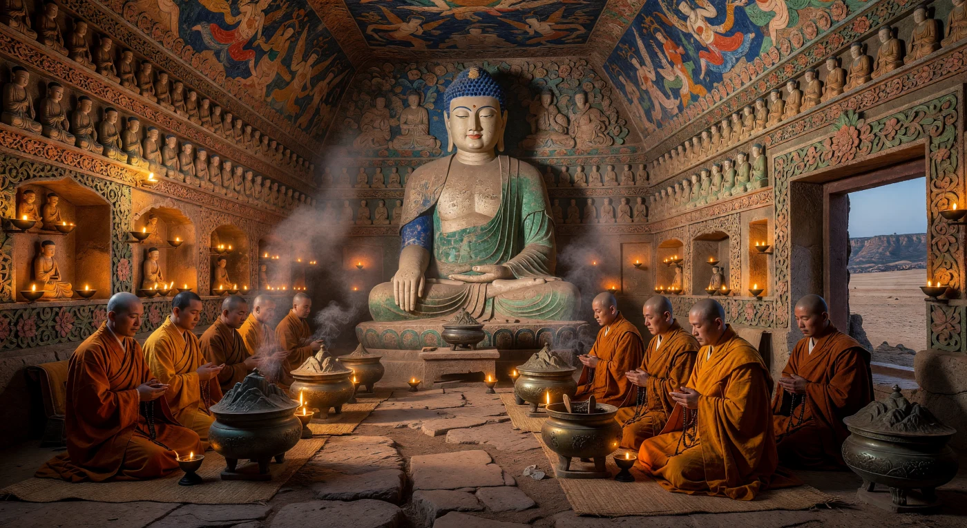 Inside a dimly lit grotto of the Yungang complex, Buddhist monks of Han and Xianbei descent gather in ritual prayer before a monumental 13-meter sandstone Buddha. This 5th-century scene captures the spiritual height of the Northern Wei Dynasty, highlighting the intricate "Thousand Buddha" motifs and vibrant mineral pigments that adorned these cliffside sanctuaries. The presence of bronze hill censers and flickering oil lamps illustrates the sensory richness of early Chinese Buddhist practice, reflecting a period of profound cultural and ethnic synthesis along the Silk Road.