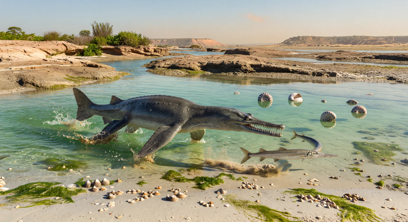 Dans cette lagune côtière chaude du Gondwana triasique, il y a environ 230 à 220 millions d’années, un Nothosaurus d’environ 3 mètres fend l’eau peu profonde pour saisir un Saurichthys argenté, tandis que des ammonoïdes Tropites dérivent au-dessus d’un fond sableux parsemé de coquilles de Myophoria et d’algues vertes. Cette scène se déroule sur la marge nord marine du Gondwana, sous un climat saisonnier chaud et sec, où des vasières évaporitiques, des bancs de siltite et de grès, et de faibles chenaux de marée bordaient les lagunes téthysiennes. Prédateur reptilien marin aux longues mâchoires garnies de dents en aiguilles, Nothosaurus faisait partie des sauroptérygiens qui prospérèrent après la grande crise de fin du Permien, dans des mers où poissons, mollusques et céphalopodes reconstruisaient peu à peu des écosystèmes riches et dynamiques.