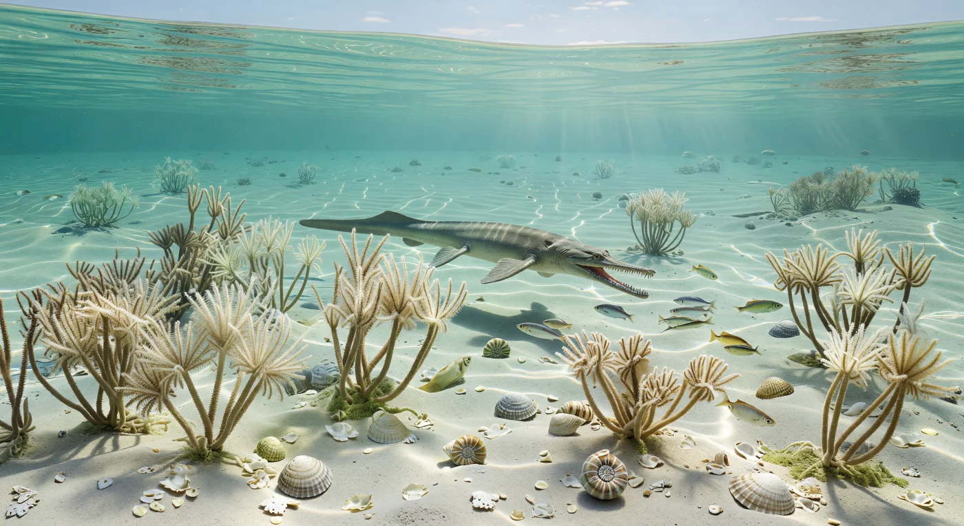 In den klaren, türkisfarbenen Flachmeeren des Muschelkalks gleitet ein etwa 3 Meter langer Nothosaurus über welligen, hellen Karbonatsand, vorbei an dichten Beständen der Seelilie Encrinus liliiformis, gerippten Myophoria-Muscheln und verstreuten Ceratites-Ammoniten, während silbrige Schwärme von Perleidus im Sonnenlicht aufblitzen. Diese Szene zeigt ein subtropisches Schelfmeer des Germanischen Beckens in Laurasia vor rund 240 Millionen Jahren im Mittleren Trias, als flache Randmeere weite Teile Mitteleuropas bedeckten. Nothosaurus war dabei kein echter Dinosaurier, sondern ein früher mariner Reptilienjäger, der zwischen Crinoidenwiesen und Schalensand auf Fische und andere Beute lauerte – ein eindrucksvoller Blick in eine lange versunkene Welt vor der Herrschaft der großen Meeresreptilien des Jura.