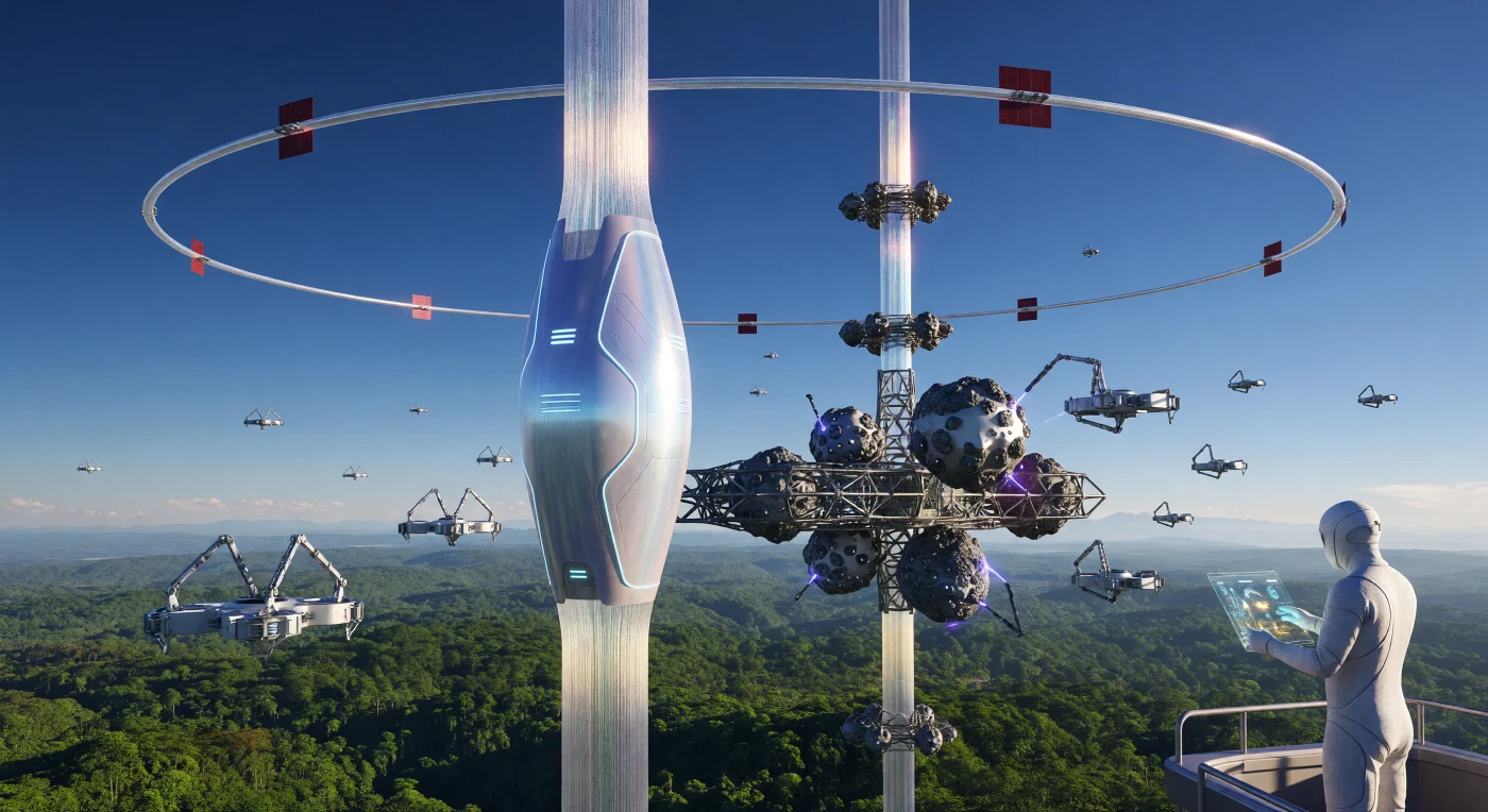 يصور هذا المشهد ذروة عصر التوسع الشمسي (٢٥٠٠-٣٠٠٠ م)، حيث يبرز "مصعد كيتو" كشريان كربوني نانوي يربط بين غابات الأنديز المستعادة وحلقة "النول" المدارية المتوهجة. نرى طائرات صهر آلية تستخلص الموارد من كويكبات خام بجوار ناقلة عابرة للكواكب، بينما يشرف تقني من فئة "البشر المعززين حيوياً" (Augmented Bios) على لوجستيات الشحن الضخمة عبر واجهة هولوغرافية. تعكس هذه اللحظة التاريخية حقبة حضارية متقدمة، حيث تلاحمت الهندسة الكونية الفائقة مع جهود استعادة النظم البيئية للأرض في تناغم تقني فريد يجسد سيطرة النوع البشري على موارد النظام الشمسي.