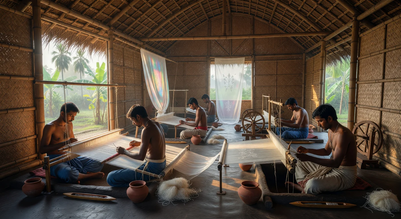 يصور هذا المشهد حرفيين بنغاليين في دكا خلال منتصف القرن الثامن عشر، وهم ينسجون بدقة متناهية قماش "الموسلين" الأسطوري المعروف بـ "الهواء المنسوج" داخل ورش عمل تقليدية مبنية من الخيزران. يظهر النساجون وهم يستخدمون أنوالاً أرضية خشبية لصناعة منسوجات "الجامداني" الشفافة، معتمدين على مهاراتهم اليدوية الفائقة في ظل المناخ المداري الرطب الذي ساعد في الحفاظ على مرونة الخيوط القطنية بالغة الرقة. تعكس هذه اللوحة ذروة البراعة الفنية في جنوب آسيا، حيث كانت هذه الأقمشة الفاخرة تُصدر إلى أرقى البلاطات الملكية حول العالم قبل بزوغ العصر الصناعي.