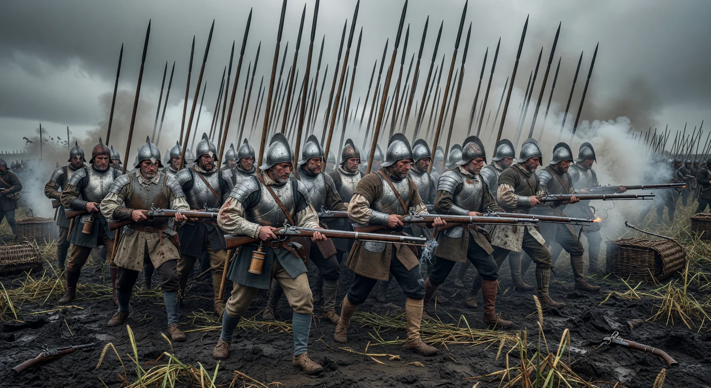 16世紀後半の低地諸国における「パイク・アンド・ショット」陣形を描いたこの光景では、5メートルに及ぶトネリコ材の槍の林と、火縄銃の白煙が立ち込める過酷な戦場のリアリズムが捉えられています。鈍い光を放つ鉄製の胸当てとモリオン兜に身を包んだ兵士たちは、小氷期特有の冷たい曇天の下、泥濘の中で近代組織戦の黎明期を体現しています。この戦術的革新は、中世の騎士道に代わって規律ある歩兵が戦場の主役となった、ヨーロッパ軍事史の大きな転換点を示しています。