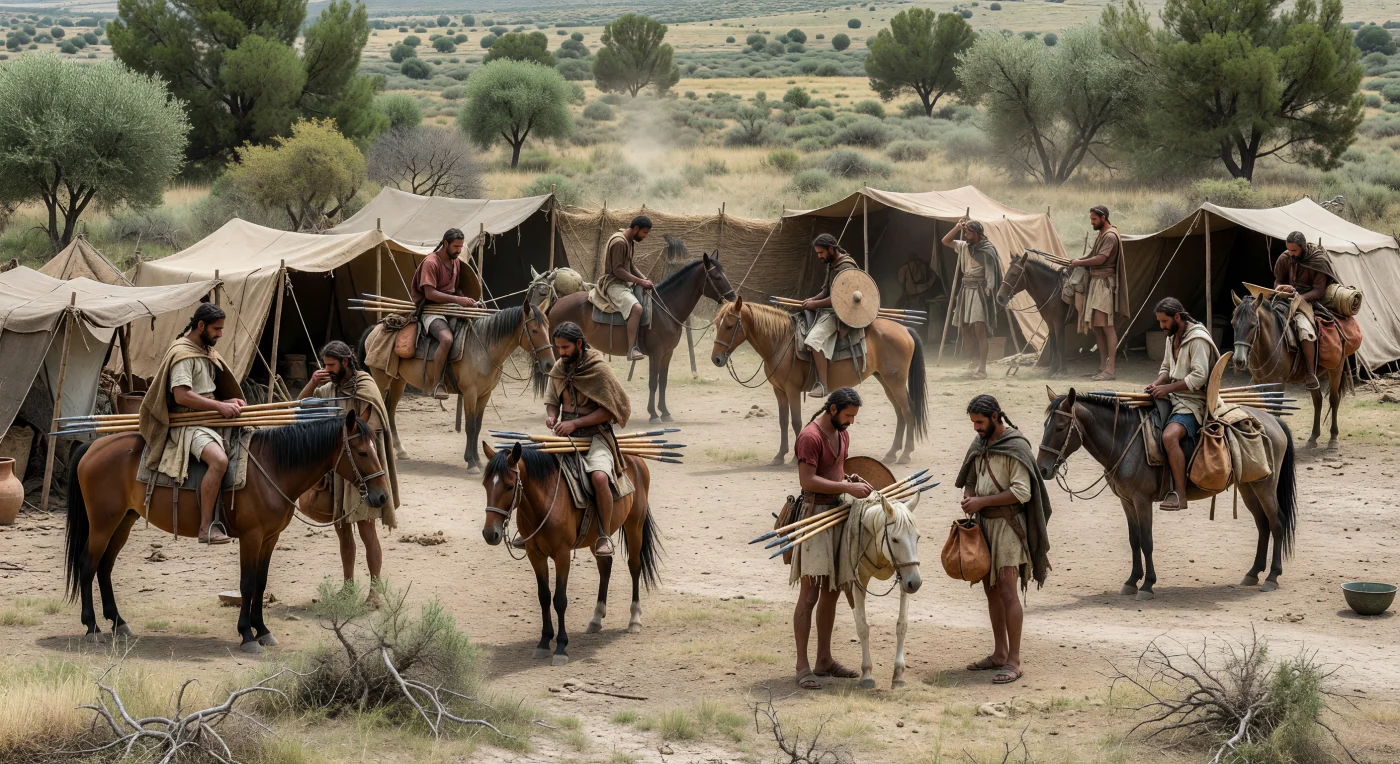 In diesem mobilen Heerlager der numidischen Reiterei im Maghreb des späten 3. bis frühen 2. Jahrhunderts v. Chr. versorgen berbersprachige Krieger ihre kleinen, ausdauernden Pferde zwischen niedrigen Zelten aus Häuten, Packeseln und Bündeln leichter Wurfspeere. Ihre kurzen Wollmäntel, gegürteten Tuniken und kleinen Lederschilde zeigen eine auf Schnelligkeit statt schwere Rüstung ausgelegte Kampfweise, für die die Numider in den Punischen Kriegen berühmt wurden. Die Szene veranschaulicht eine indigene nordafrikanische Reiterkultur, die zwar mit Karthago in Kontakt stand, aber ihre eigene, flexible und an das trockene Steppenland angepasste Lebens- und Kriegsform bewahrte.