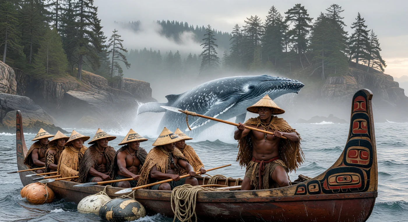 Nuu-chah-nulth hunters navigate a massive red cedar dugout canoe through the misty waters off Vancouver Island, pursuing a breaching gray whale with precision and traditional skill. This high-stakes scene illustrates the sophisticated maritime technology of the 15th-century Pacific Northwest, featuring yew-wood harpoons tipped with mussel shells and inflated sealskin floats used to tire the massive animal. For these coastal communities, the whale was a sacred source of sustenance and oil, and the successful hunt represented the pinnacle of social prestige and spiritual preparation.