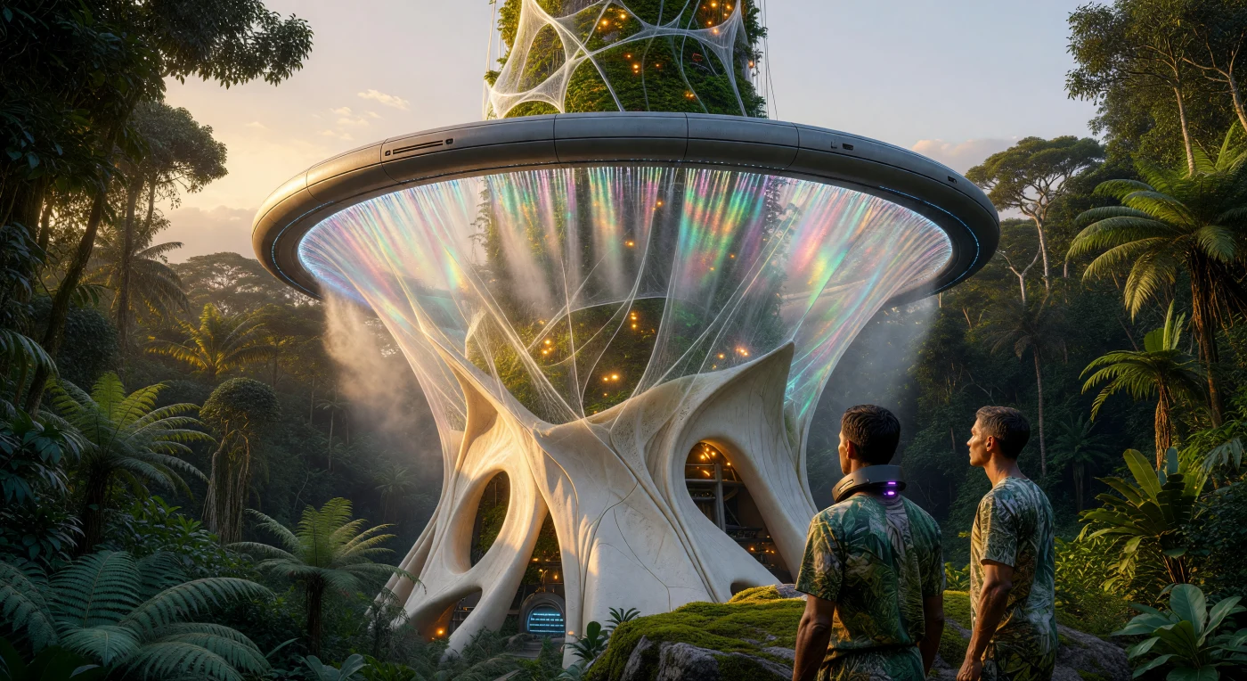 يصور هذا المشهد من منتصف القرن الثالث والعشرين (حوالي عام ٢٢٤٥ م) بناء برج سكني عضوي في منطقة ترميم الأمازون خلال عصر "التباعد الكبير"، حيث تندمج التكنولوجيا الفائقة مع العمليات الحيوية. تظهر حلقة "نول غايا-تيك" الروبوتية وهي توجه نمو ألياف فطرية معدلة وراثياً فوق هيكل من حرير العنكبوت الاصطناعي، محولةً الرذاذ المغذي إلى جدران كيتينية صلبة ذاتية الشفاء تشبه العظم المصقول. يراقب المعماريون من فئة "المقيمين" هذا التحول المعماري الذي يعكس ذروة الهندسة التكافلية، حيث تُستبدل مواد البناء التقليدية بكائنات حية تنمو لامتصاص الكربون وتوفير مأوى مستدام وسط غابة مطيرة فائقة الأكسجين.