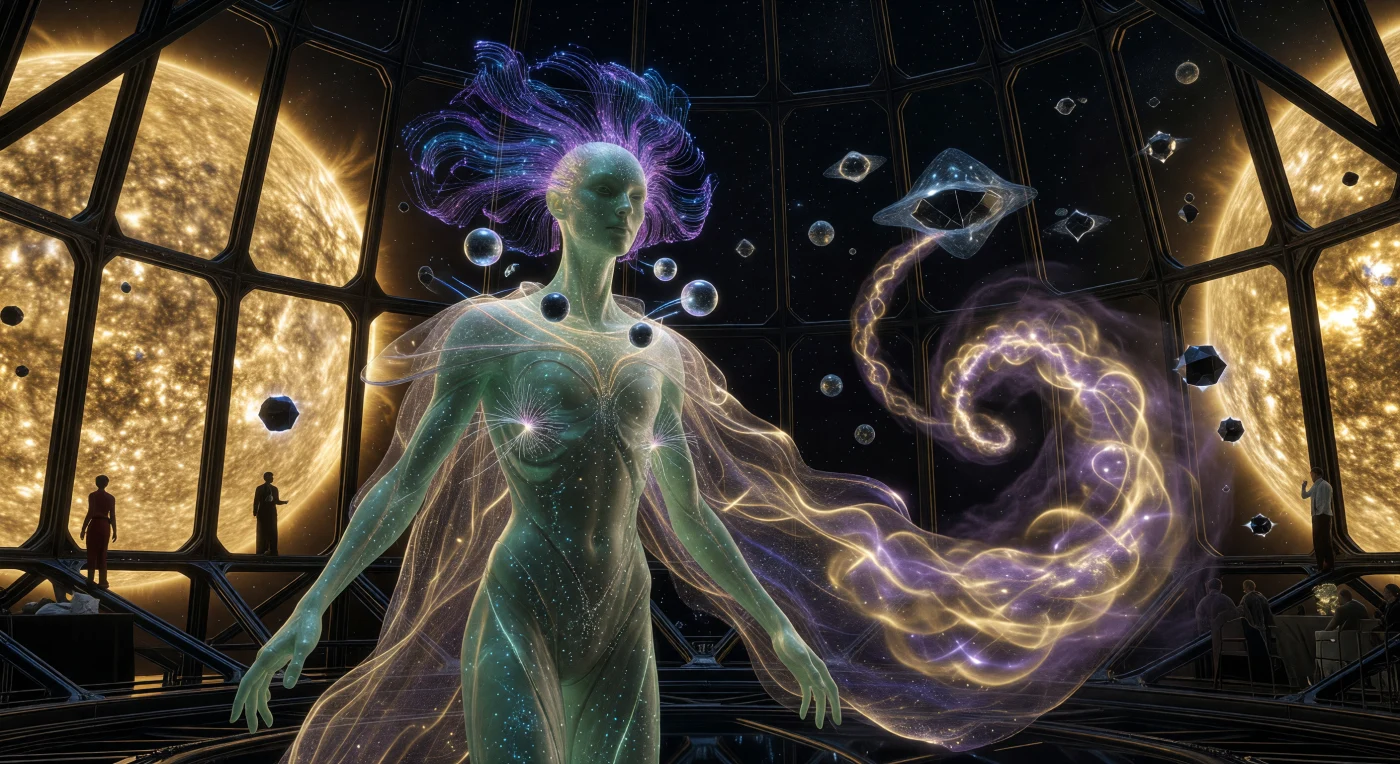 우주 성숙기(서기 20,000~100,000년)의 오리온 팔 다이슨 스웜 내 무중력 연회장에서, 포스트 휴먼인 '베이스라인 플러스' 개체가 자기장 필라멘트로 제어되는 황금빛 플라즈마 의상을 입고 우아하게 부유하고 있습니다. 비취빛 피부 아래 생체 발광 나노 기계가 빛나는 이 인물 주위로 다면체 규소 지성체와 기체 게슈탈트들이 모여들며, 미세 웜홀을 이용한 부유 장신구가 초월적인 미학의 정수를 보여줍니다. 강화 다이아몬드창 너머로 거대한 G형 주계열성의 광구가 요동치는 이 광경은, 지적 생명체가 항성 에너지를 단순한 자원을 넘어 실존적 예술의 캔버스로 승화시켰던 찬란한 기술적 정점을 기록하고 있습니다.