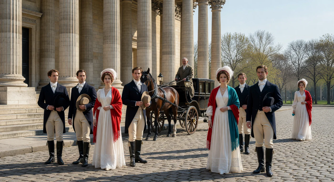 يصور هذا المشهد نزهة صباحية في باريس عام ١٨١٠ أمام أعمدة مبنى "البانثيون" الكلاسيكية الحديثة، حيث تتجلى عظمة العمارة الحجرية في ذروة العصر الإمبراطوري النابليوني. تظهر السيدات بفساتين "الموسلين" البيضاء ذات الخصر العالي والشالات الكشميرية الزاهية، بينما يرتدي الرجال معاطف صوفية داكنة وقبعات "بيكورن" ثنائية الزوايا، مما يعكس دقة الأناقة الفرنسية في ذلك العصر. يجسد هذا التجمع الأرستقراطي التناغم بين إحياء التراث اليوناني القديم والتحولات الاجتماعية الكبرى التي شهدتها أوروبا خلال عصر الثورات.