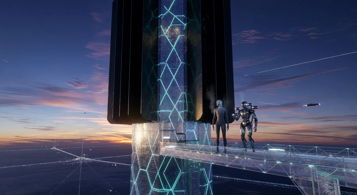 Set against the deepening twilight of the 22nd century, this scene illustrates the summit of a 3,000-meter Neo-Eurasian spire venting waste heat through monolithic obsidian-like cooling fins, a thermodynamic necessity for a Kardashev Type 1.2 civilization. On a translucent aerogel gantry, an elongated Augmented Organic human and a geometric Silicate Avatar observe the shimmering infrared haze and the rhythmic cyan glow of the city’s room-temperature superconducting grid. This era, known as The Convergence (2100–2200), marks a pivotal stage in Earth’s history where planetary-scale engineering and neural-integrated biology merged to manage the immense energy output of D-He3 fusion.