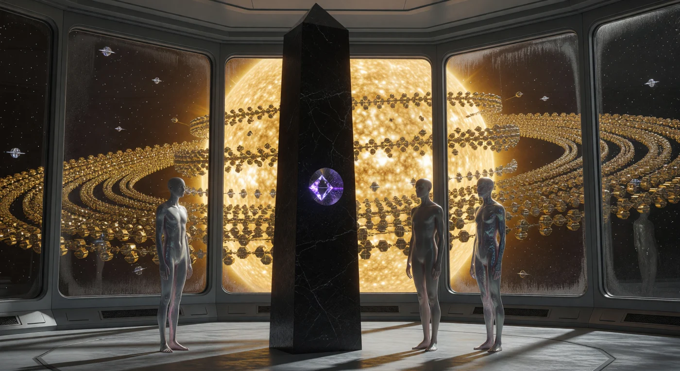 Dieser drei Meter hohe Monolith aus einem Kohlenstoff-Nanoröhren-Verbund markiert den technologischen Höhepunkt der „Interstellaren Dämmerung“ (ca. 3000–5000 n. Chr.), einer Ära, in der die Menschheit zur galaktischen Spezies aufstieg. Im Zentrum des Obelisken flackert ein synthetischer Diamant, dessen violettes Leuchten die Ankunft von Quanten-Datenpaketen vom fernen galaktischen Rand signalisiert, während im Hintergrund die gewaltigen Strukturen eines Matroschka-Gehirns die Sonne umschließen. Zwei postbiologische Menschen, deren über zwei Meter große, schlanke Gestalten und subdermale Neural-Gitter von vier Jahrtausenden evolutionärer Anpassung an die Schwerelosigkeit zeugen, betrachten dieses stille Zeugnis einer Ära, die Raum und Zeit endgültig überwand.
