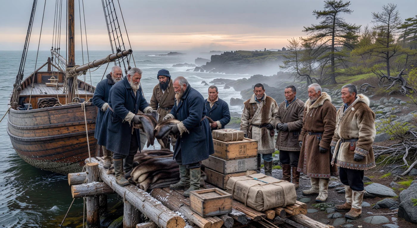 १९वीं सदी की शुरुआत के इस दृश्य में, रूसी नाविक ओखोत्स्क के पथरीले तट पर एक पारंपरिक 'कोच' जहाज से समुद्री ऊदबिलाव की कीमती खालें उतार रहे हैं। पास ही खड़े एवेन्क आदिवासी व्यापारी अपनी पारंपरिक हिरण की खाल के कपड़ों में इस गतिविधि को देख रहे हैं, जो रूसी औपनिवेशिक विस्तार और स्वदेशी साइबेरियाई जीवन के ऐतिहासिक मिलन को दर्शाता है। यह चित्रण उस युग की जीवंत झलक पेश करता है जब साइबेरियाई फर और चीनी चाय का व्यापार इस सुदूर प्रशांत चौकी को वैश्विक वाणिज्य का एक महत्वपूर्ण केंद्र बनाता था।