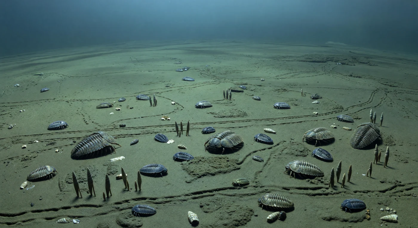 A dim, blue-green Cambrian sea spreads over an olive-gray outer-shelf mudplain, where large Olenoides serratus and smaller Elrathia kingii crawl among dense burrows, feeding traces, upright Lingulella brachiopods, and scattered hyolith cones. This scene represents a temperate marine shelf on Laurentia about 508 million years ago, when trilobites were among the most conspicuous seafloor animals and bioturbation was reshaping soft sediments. The assemblage is typical of Cambrian invertebrate communities, long before fish, marine reptiles, or flowering plants appeared.