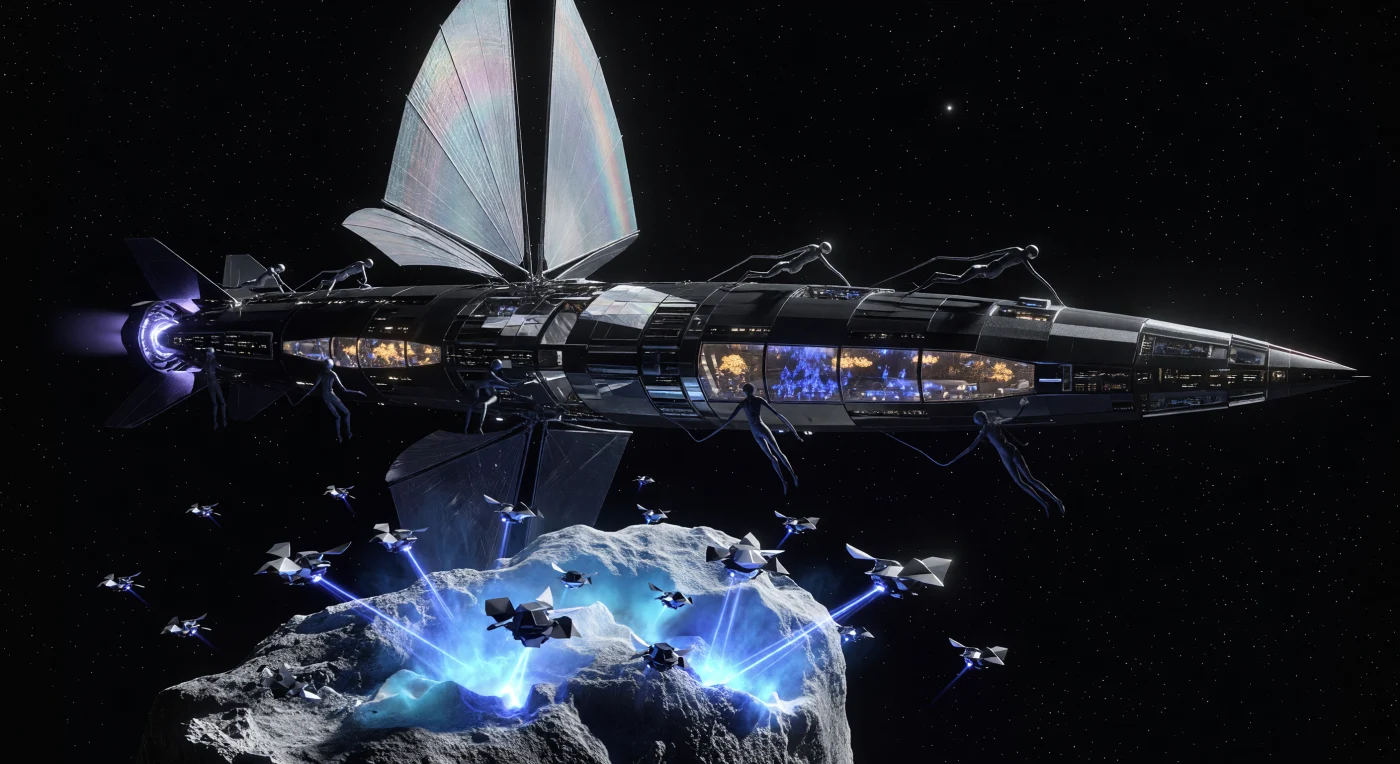 성간 새벽(Interstellar Dawn, 서기 3000~5000년)기, 태양계 가장자리의 오르트 구름에서는 인류의 후예인 성간 유목민 '보이드 킨(Voids-Kin)'의 거대한 월드쉽이 칠흑 같은 진공을 가르며 항해합니다. 흑요석과 크롬으로 이루어진 50km 길이의 선체에서 사출된 자율 수확 드론들은 강력한 자외선 레이저로 혜성의 표면을 기화시켜 비평형 핵융합 추진에 필요한 청백색 이온 가스를 채굴합니다. 탄소 나노튜브로 강화된 신체와 고도의 기술력을 바탕으로 카르다쇼프 1.8단계 문명에 도달한 이들은, 행성의 중력권에 얽매이지 않고 별과 별 사이의 '위대한 어둠'을 영구적인 거주지로 탈바꿈시켰습니다.