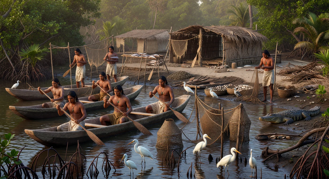 Smalle, uit boomstammen uitgeholde kano’s glijden door het brakke bruine water van een mangrove-estuarium aan de Golfkust, waar vissers tussen de wortels netten uitwerpen en gevlochten fuiken plaatsen terwijl witte reigers in de ondiepten stappen en een krokodil op de modderige oever ligt te zonnen. Deze scène uit zuidelijk Veracruz of Tabasco, circa 900–500 v.Chr., toont het dagelijkse leven van niet-elitaire kustbewoners in de Olmeekse tijd, voor wie visvangst, schelpdieren en estuaria van levensbelang waren. De schelphopen, droognetten en eenvoudige hutten op de landingsplek weerspiegelen een wereld van seizoensarbeid, lokale vakkennis en kleinschalige uitwisseling, lang vóór metalen werktuigen of koloniale invloeden het landschap veranderden.