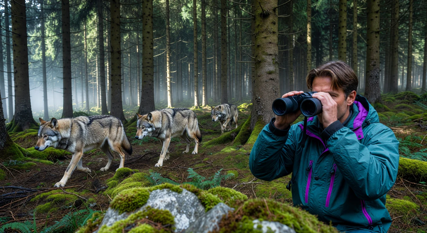 In de vroege ochtendmist van een Alpenbos sluipt een roedel Europese grijze wolven geruisloos over de vochtige mosbodem, een krachtig symbool van ecologisch herstel in de jaren 90. Vanachter een rotspartij observeert een veldbioloog de dieren, herkenbaar aan zijn tijdperk-typische uitrusting van felgekleurd Gore-Tex en een robuuste kunststof verrekijker. Deze scène vangt het kantelpunt waarop wilde natuur en menselijke wetenschap elkaar opnieuw ontmoetten in het laat-20e-eeuwse Europa.