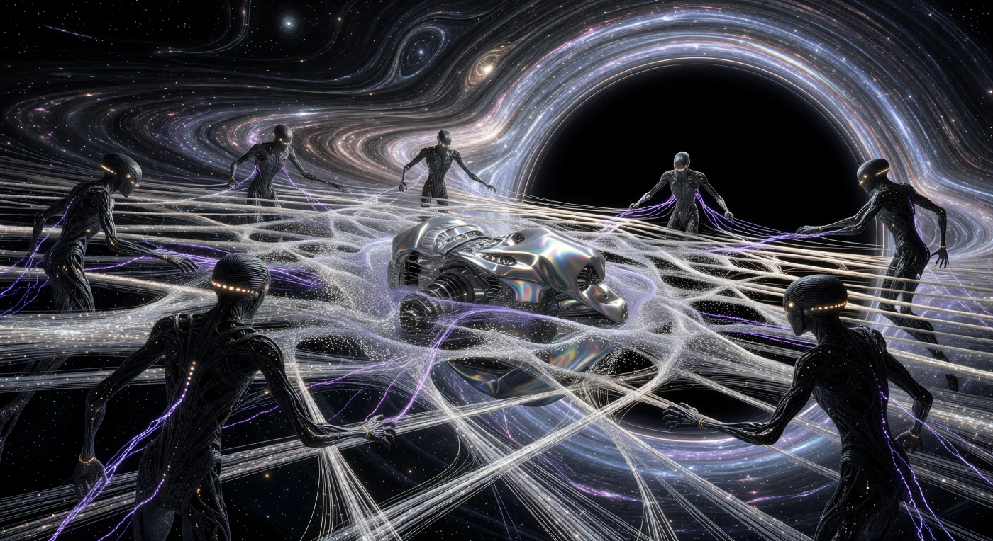 Deze weergave toont het Ontologische Getouw, een vijf kilometer breed raamwerk van neutronium-zijde dat in een baan om het supermassieve zwarte gat Sagittarius A* complexe sterrenschipcomponenten weeft uit zilveren deeltjeswolken. Tijdens het tijdperk van 'The Horizon' (ca. 100.000 – 1.000.000 n.Chr.) bereikten de post-biologische entiteiten van het Synthese-Gilde een technologisch summum door materie op subatomair niveau te manipuleren via femtostructuur-engineering. Te midden van de verblindende accretieschijf en de ruimtetijd-vervormingen van de singulariteit illustreert dit proces hoe verre toekomstige beschavingen de wetten van de fysica transformeerden van onoverkomelijke barrières tot puur constructiemateriaal.