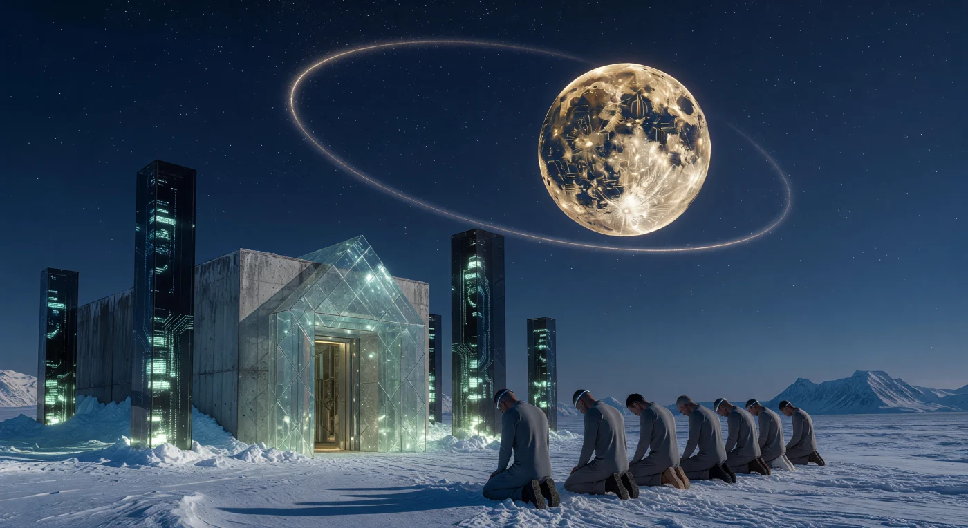 In het jaar 450.000 n.Chr., gedurende het tijdperk van de Horizon, bezoeken post-biologische bewustzijnen de Kathedraal van de Oorsprong op een klimatologisch gestabiliseerd Spitsbergen. Hier knielen deze pelgrims, bekend als De Ontwaakten, in hyper-realistische synthetische lichamen voor monolithische geheugenbanken die de genetische sequenties van al het oorspronkelijke aardse leven in atomaire spin bewaren. Boven het bevroren landschap licht de maan op met de gouden schakelingen van het Custodian Mandate, een technologisch raster dat de planeet en haar herinneringen in een eeuwige staat van stasis bewaakt.