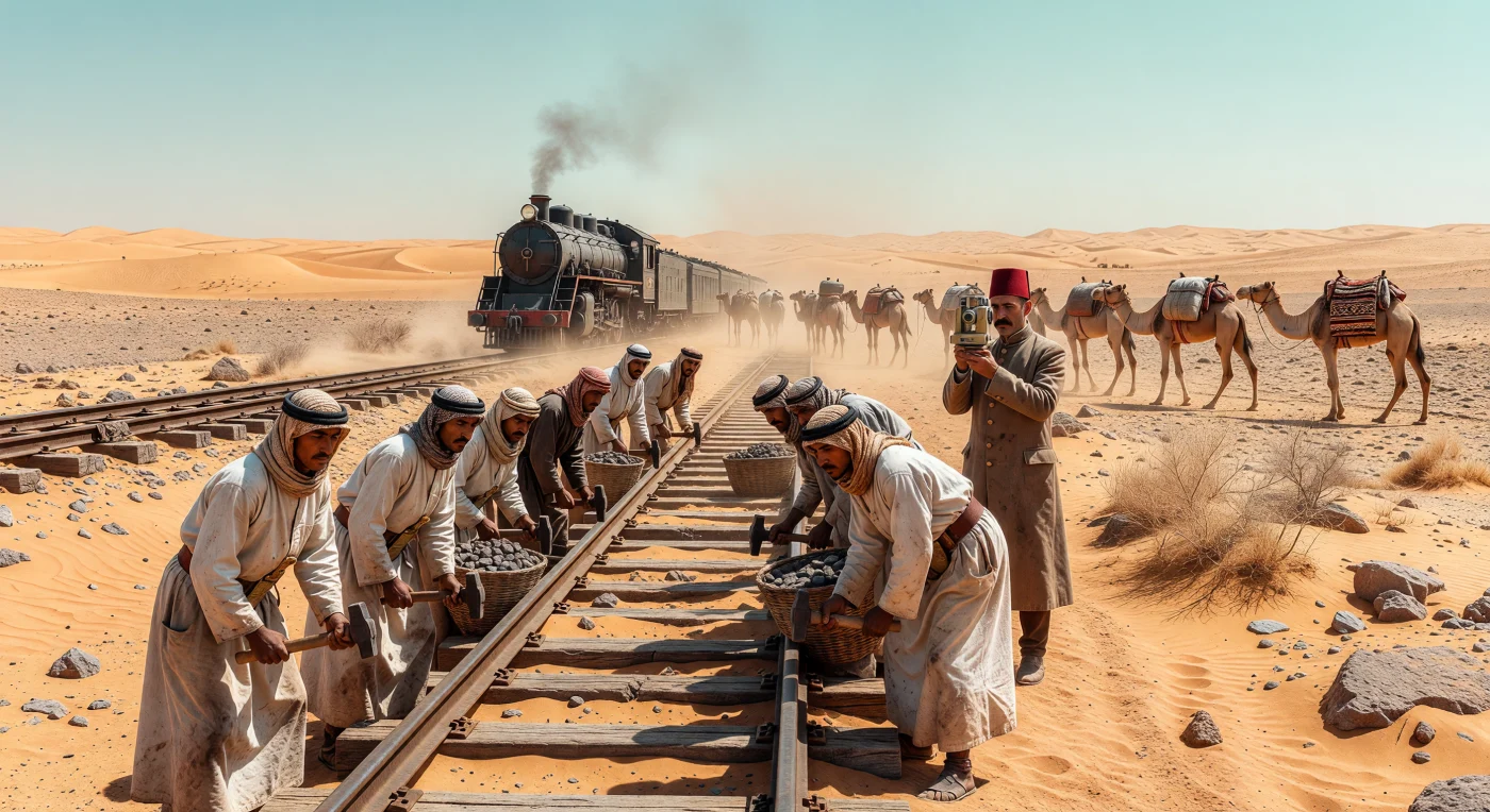 Nel 1905, tra le sabbie ocra del deserto arabico, operai beduini e ingegneri ottomani in fez collaborano alla titanica costruzione della Ferrovia dell'Hegiaz, unendo la tradizione nomade alla modernità industriale. Accanto alle imponenti locomotive a vapore, carovane di dromedari cariche di rifornimenti illustrano il passaggio epocale dai trasporti millenari alla velocità del vapore. Questa infrastruttura cruciale rappresenta l'ambizioso tentativo dell'Impero Ottomano di modernizzare la regione e consolidare il proprio controllo durante il tramonto della Belle Époque.