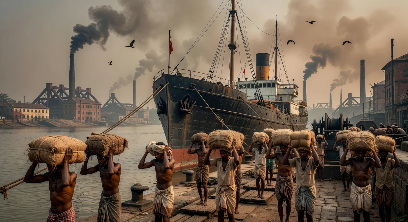 Sulle sponde del fiume Hooghly a Calcutta, intorno al 1938, una fila di lavoratori bengalesi trasporta pesanti balle di iuta grezza a bordo di un imponente piroscafo mercantile britannico, mentre le ciminiere delle fabbriche circostanti oscurano il cielo con fumo di carbone. Questa scena cattura il cuore pulsante dell'economia coloniale dell'epoca, dove la "fibra d'oro" veniva esportata in tutto il mondo per sostenere l'industria globale e le necessità logistiche alla vigilia della Seconda Guerra Mondiale. La fatica manuale dei lavoratori, vestiti con semplici *lungi* di cotone, contrasta vividamente con la scala monumentale delle infrastrutture industriali e navali dell'Impero Britannico in Asia meridionale.