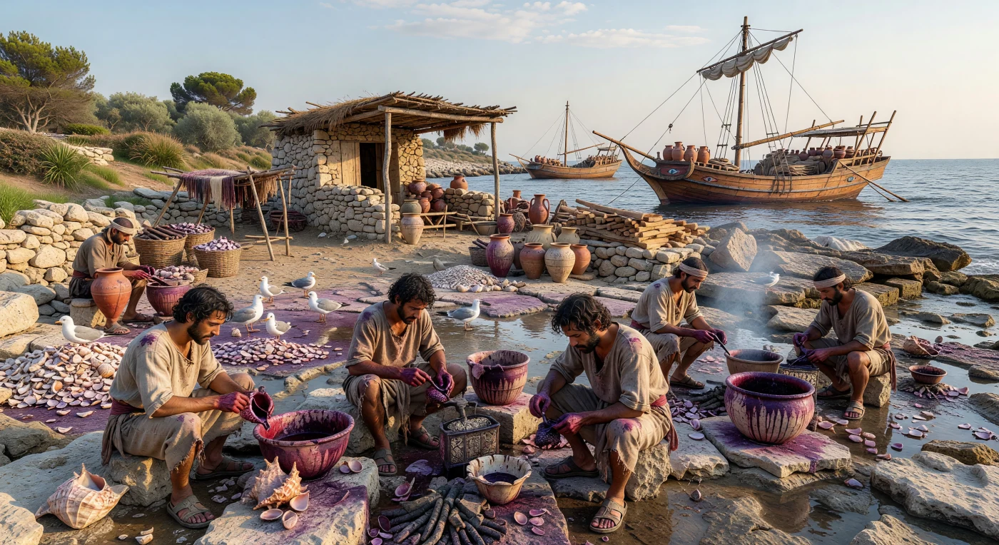 Su questa costa rocciosa presso Tiro, operai fenici aprono mucchi di conchiglie di murice accanto a grandi vasche macchiate di porpora, mentre al largo navi mercantili dal fasciame di cedro attendono l’imbarco. Tra l’VIII e il VII secolo a.C., la città era uno dei principali centri del Mediterraneo per la produzione della celebre porpora fenicia, un colorante ricavato da una piccola ghiandola del mollusco e tanto costoso da diventare simbolo di prestigio e potere. I cumuli di gusci scartati, le mani tinte e le strutture di lavoro improvvisate mostrano il lato duro e maleodorante di un’industria che contribuì alla ricchezza commerciale e all’influenza marittima dei Fenici.