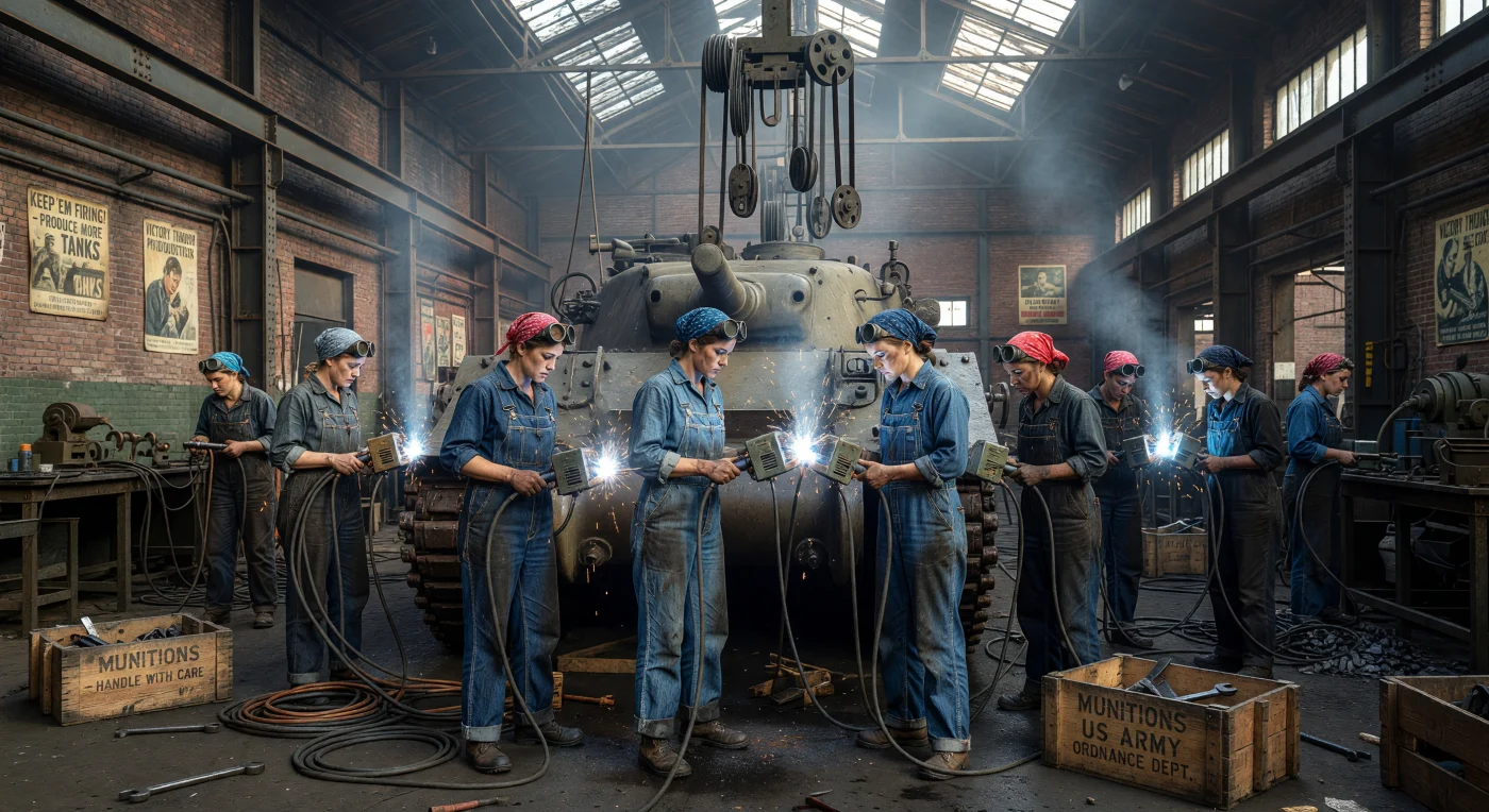 All'interno di una fabbrica di munizioni del 1943, operaie di diverse origini collaborano alla saldatura ad arco dello scafo in acciaio di un carro armato M4 Sherman, illuminate dalle vivide scintille bluastre del loro lavoro. Tra le imponenti pulegge in ghisa e le pareti in mattoni annerite dalla fuliggine, queste donne vestite in robuste tute di denim incarnano la massiccia mobilitazione industriale del fronte interno durante la Seconda Guerra Mondiale. L'immagine testimonia un momento cruciale della storia sociale nordamericana, segnando l'ingresso senza precedenti delle donne nei ruoli della manifattura pesante per sostenere lo sforzo bellico globale.