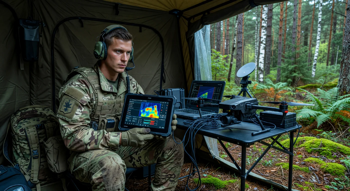 All'interno di una tenda di comando mimetizzata tra i pini di una foresta europea, un operatore militare del 2024 coordina una missione di ricognizione tramite un tablet tattico e un drone avanzato in fibra di carbonio. Questa scena illustra la trasformazione della difesa nell'Era Digitale, dove la connettività satellitare e i sistemi a pilotaggio remoto sono diventati pilastri fondamentali della strategia bellica contemporanea. L'immagine evidenzia il netto contrasto tra la natura incontaminata e l'integrazione di strumenti tecnologici iper-moderni, simbolo di un'Europa che bilancia la sua eredità storica con le sfide della sicurezza del XXI secolo.