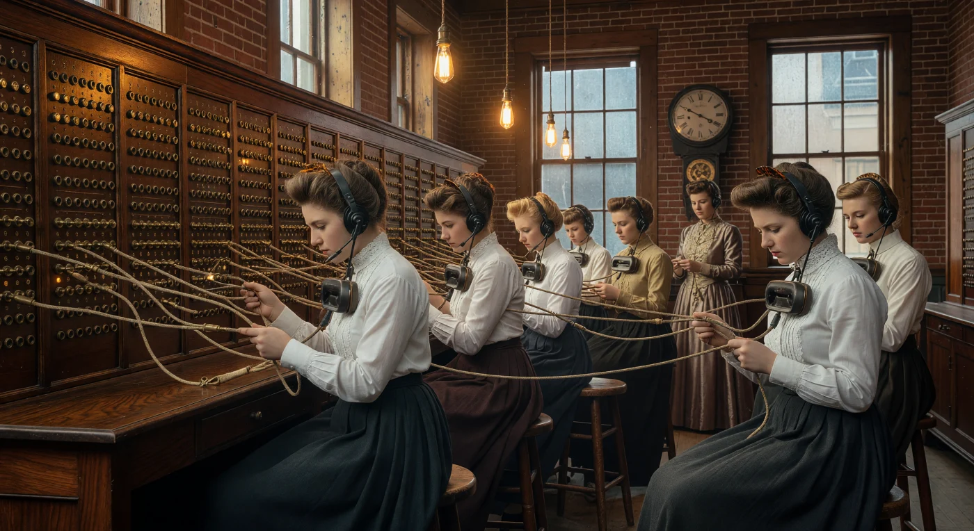 Dans un central téléphonique montréalais de 1905, des opératrices vêtues de blouses blanches à col haut manipulent avec précision un imposant standard en acajou, reliant manuellement les appels à l'aide de cordons aux embouts de laiton. Surnommées les « Hello Girls », ces jeunes femmes d'origine canadienne-française et irlandaise incarnaient l'entrée massive de la main-d'œuvre féminine dans le milieu professionnel urbain durant la Belle Époque. Sous la lueur ambrée des premières ampoules d'Edison, ce ballet technologique illustre la modernisation rapide des communications qui a transformé Montréal en une métropole de plus en plus connectée.