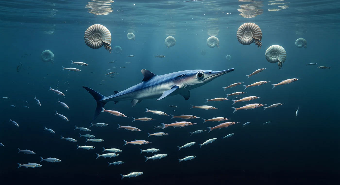 In deze warme diepzeebekken van het Midden tot Late Jura, ongeveer 170–150 miljoen jaar geleden, schiet een gestroomlijnde Ophthalmosaurus omhoog door een wolk van pijlinktvisachtige Belemnopsis, terwijl zilverachtige scholen Leptolepis alle kanten op flitsen. Boven de jacht zweven geribde ammonieten zoals Perisphinctes in het zonverlichte blauwgroene water, terwijl daaronder de oceaan abrupt wegvalt in bijna zwarte diepte. Het tafereel laat een open pelagische wereld zien uit de tijd waarin Pangea uiteenviel en nieuwe oceaanbekkens ontstonden—een Jurassic zee vol snelle roofdieren, koppotigen en vrij drijvende schelpdieren, ver boven de nauwelijks bekende diepzeebodem.