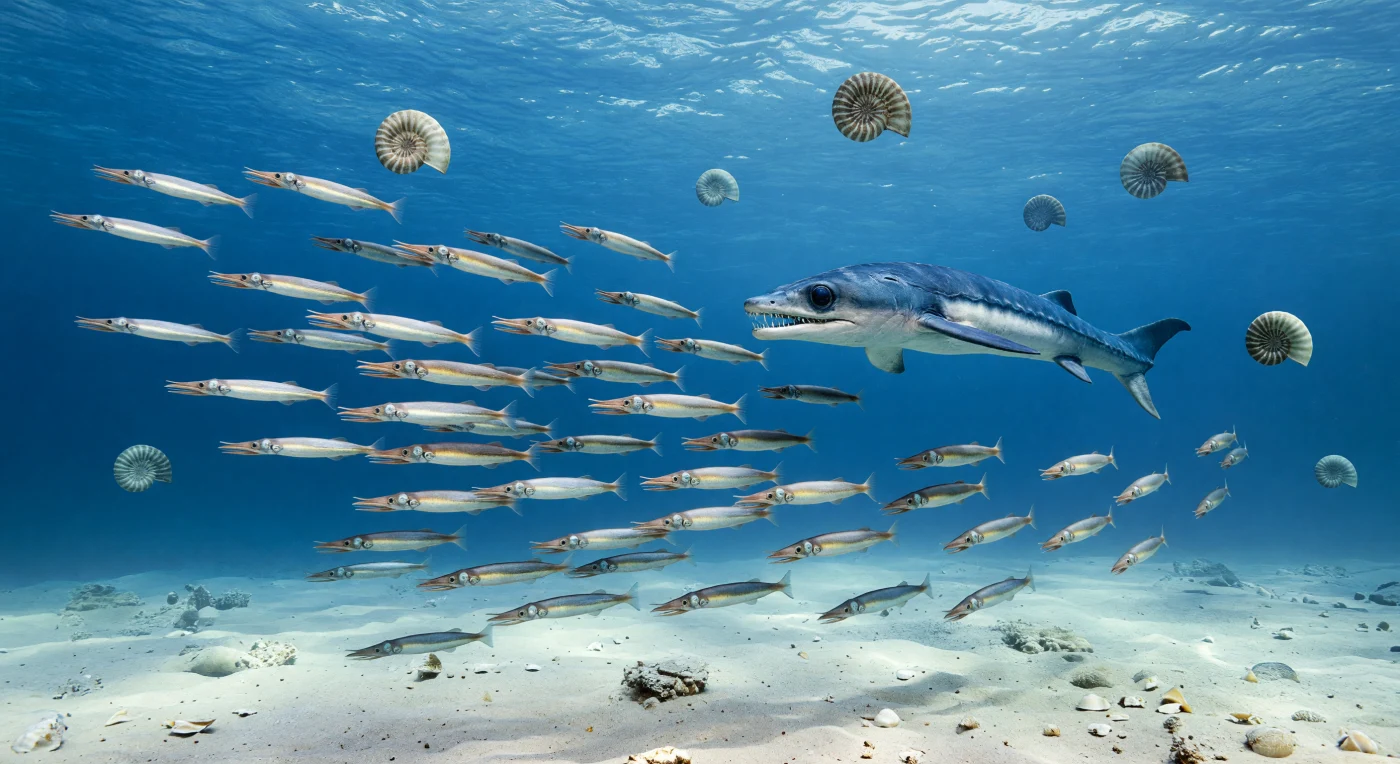 In den warmen Schelfmeeren der westlichen Tethys jagt ein großer Ophthalmosaurus mit seinen auffallend riesigen Augen durch einen dicht geschlossenen Schwarm von Belemnopsis und Hibolithes, torpedoförmigen Belemniten von etwa 15 bis 40 Zentimetern Länge, deren Körper in Bronze-, Perl- und Silbertönen aufblitzen. Im blauen Freiwasser treiben darüber einzelne Cardioceras-Ammoniten, während tief unten ein heller Karbonatboden aus Kalkschlamm und bioklastischem Kalkstein sichtbar wird. Solche Szenen spielten sich im mittleren bis späten Jura vor etwa 170 bis 150 Millionen Jahren in klaren, warmen Flachmeeren Europas ab, wo Ichthyosaurier, Ammoniten und Belemniten zu den prägenden Tieren eines reichen marinen Ökosystems gehörten.