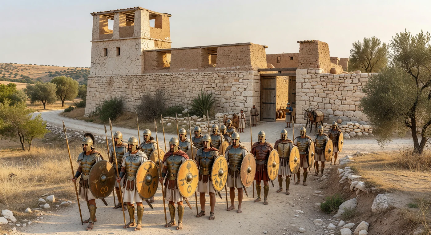 Davanti a una porta cittadina stretta e fortificata, opliti greci del tardo VI secolo a.C. si schierano nella polvere estiva con grandi scudi rotondi, lance di frassino ed elmi corinzi o illirici consumati dall’uso. Le mura mostrano bene l’architettura dell’età arcaica: blocchi irregolari di pietra alla base, torri e parapetti in mattoni crudi intonacati, robuste porte lignee ferrate e una piattaforma interna in terra battuta sostenuta da travi. Questa scena restituisce il mondo della polis greca prima delle guerre persiane, quando la difesa della città dipendeva da cittadini armati secondo le proprie possibilità, mentre anfore, un mulo da trasporto e uno scriba presso l’ingresso ricordano che guerra, commercio e amministrazione convivevano nello stesso spazio urbano.