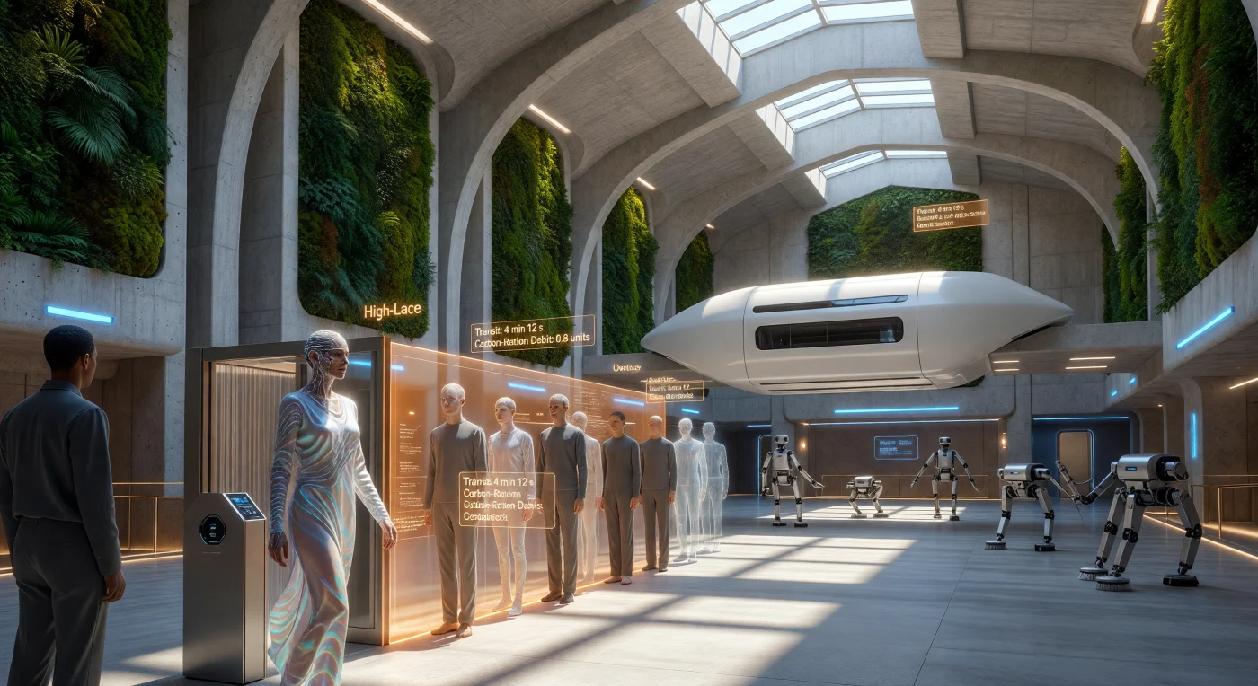 Set in a Washington D.C. transit terminal circa 2084, this scene illustrates the socioeconomic stratification of the Augmented Dawn era within the Transatlantic Union. Optima humans, biological descendants of the CRISPR-Cas12 germline editing programs, are depicted navigating a high-density Vacuum-Tube Maglev terminal integrated with biophilic moss walls and piezoelectric architecture. The visual "ghosting" seen in the queue highlights the bandwidth divide, where Low-Lace citizens suffer from a fifty-millisecond latency lag while High-Lace elites interact seamlessly with the terminal’s Sub-Sentient Governor AI. This period represents a pivotal moment in human evolution, defined by the integration of graphene neural meshes and a global economy powered by pulsed magnetic compression fusion.