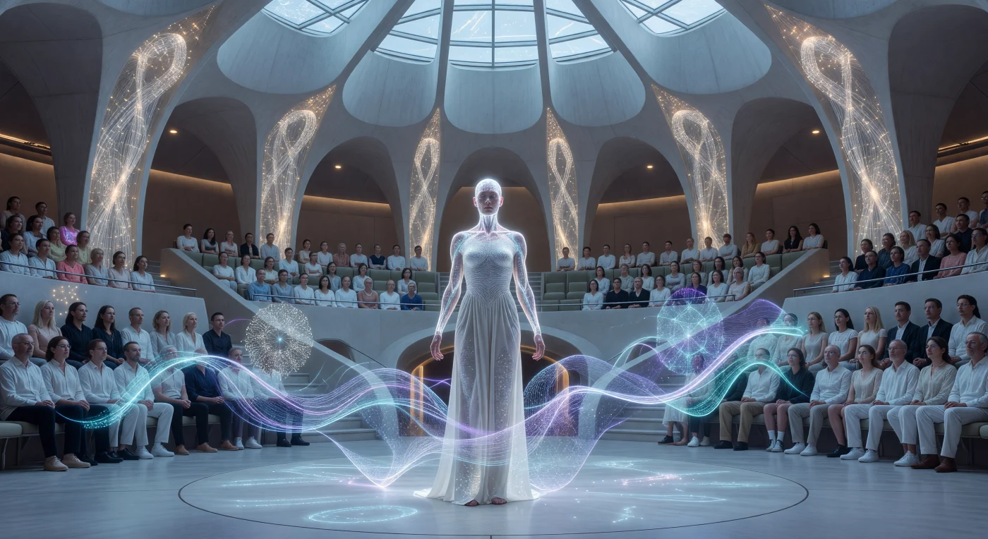 In dit amfitheater van translucent "Smart-Concrete" in het Brussel van 2084 zien we een "Optima"-performer wiens fysiologische processen als volumetrische lichtlinten worden geprojecteerd voor een publiek van genetisch verbeterde mensen. Deze scène uit het tijdperk van de "Augmented Dawn" illustreert de symbiose tussen de door CRISPR-Cas12 bewerkte menselijke biologie en de alomtegenwoordige neurale grafen-netwerken die de basis vormen van de Transatlantische Unie. Terwijl toeschouwers de synaptische vuringen van de performer direct via hun "Neural Lace" ervaren, markeert dit tableau een cruciaal punt in de technologische evolutie waarin de grens tussen het individu en de digitale informatiestroom definitief is vervaagd.