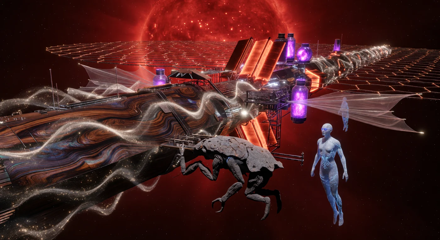 During the Horizon era (c. 100,000–1,000,000 CE), the post-human clades known as the Seeders transitioned from planetary inhabitants to galactic gardeners, treating the cosmos as a vast biological canvas. This scene illustrates the orbital construction of a 50-kilometer-long "Seed-Ship," where molecular assemblers weave a hull of iridescent carbon-nanotube wood near a red dwarf star’s Dyson-Direct Swarm. Specialized clades—the massive, vacuum-hardened Litho-Soma and the bioluminescent Bio-Engineers—oversee the assembly of the vessel’s gossamer laser-pushed sails and antimatter propulsion systems. These relativistic ships are the primary tools of the Seeders, designed to transport complex biospheres across interstellar voids to cultivate life on once-sterile worlds.